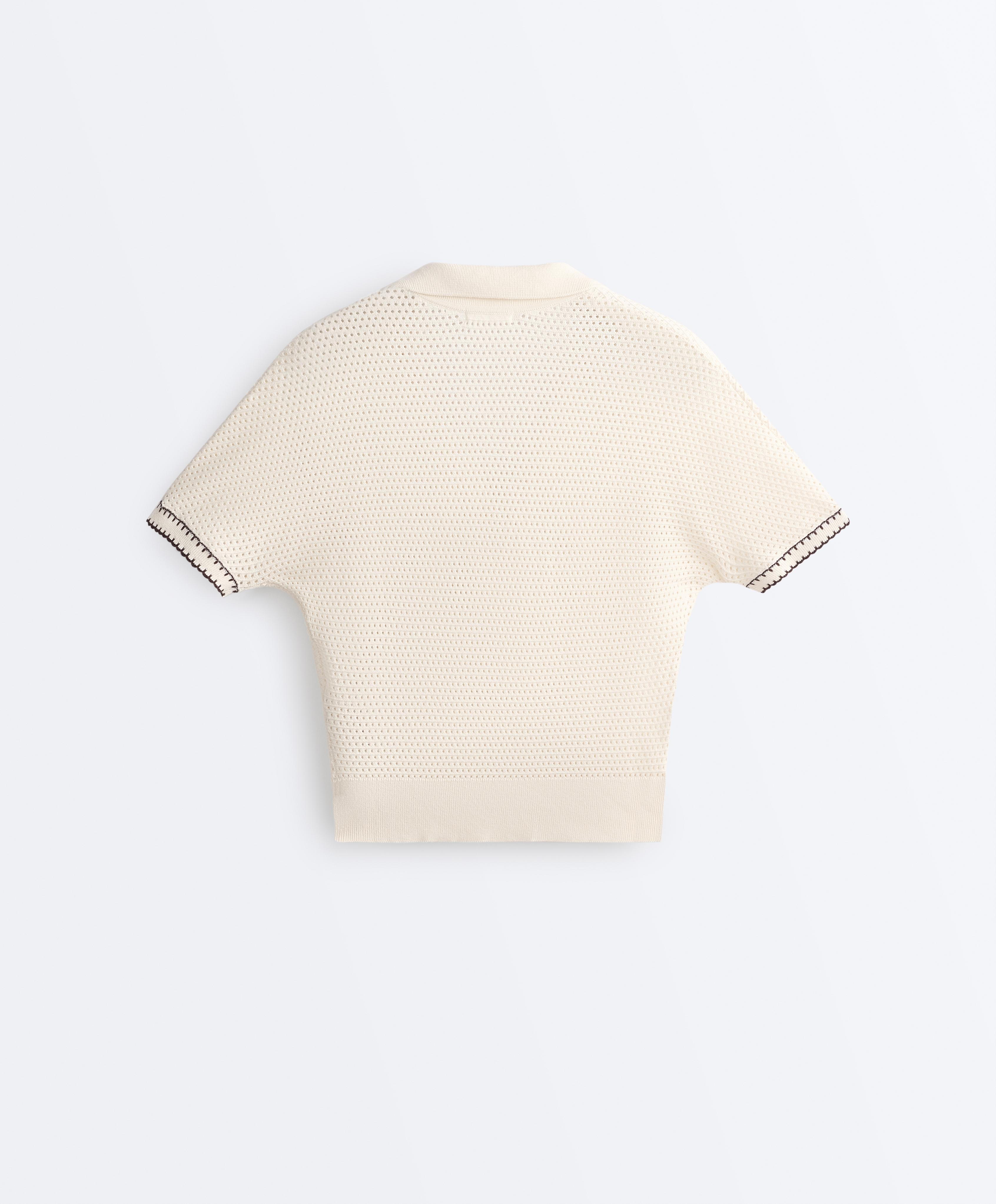 Cotton blend openwork knit polo — PALE ECRU