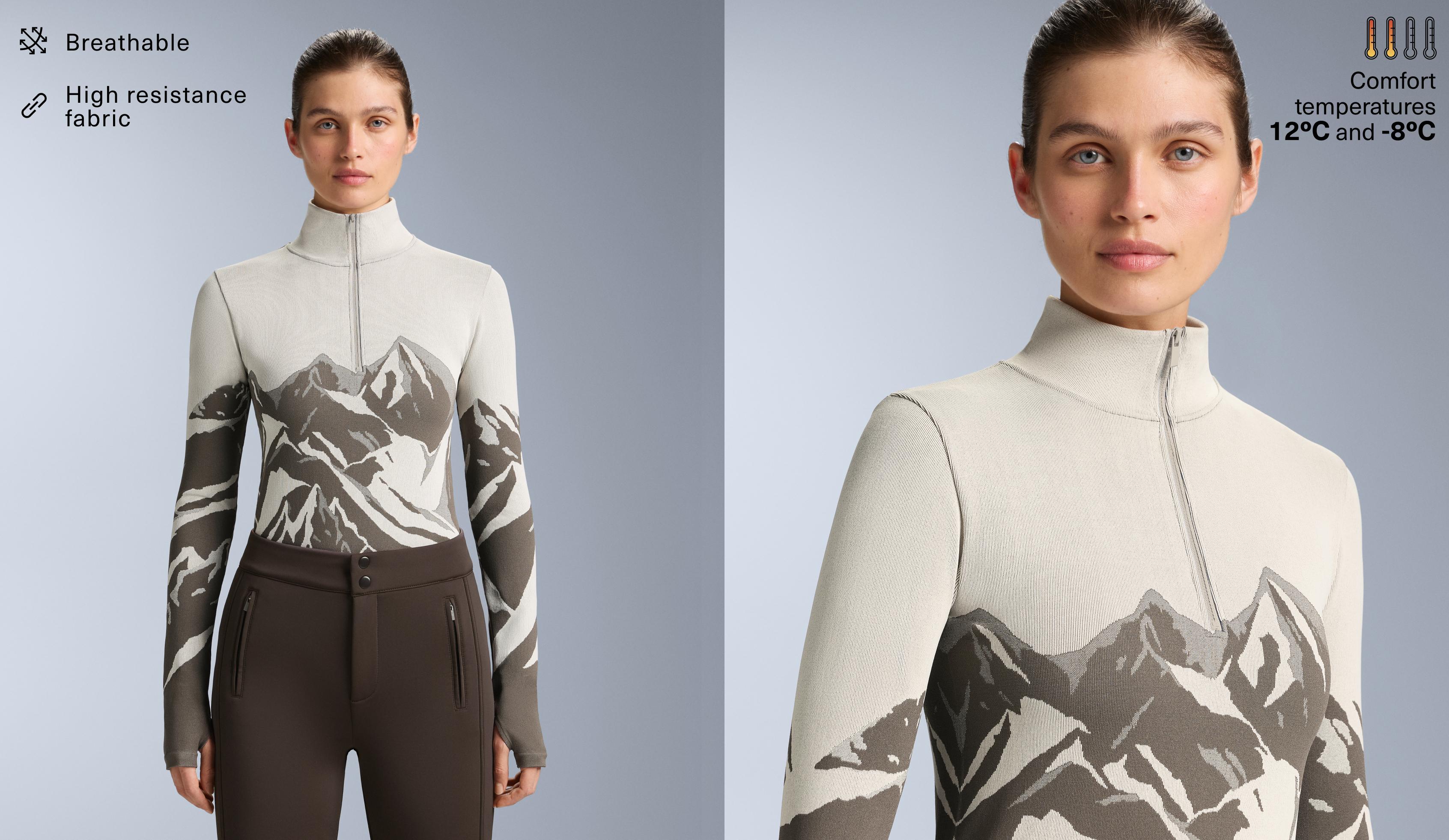 Seamless base layer thermal T-shirt with half zip and print — PALE MINK