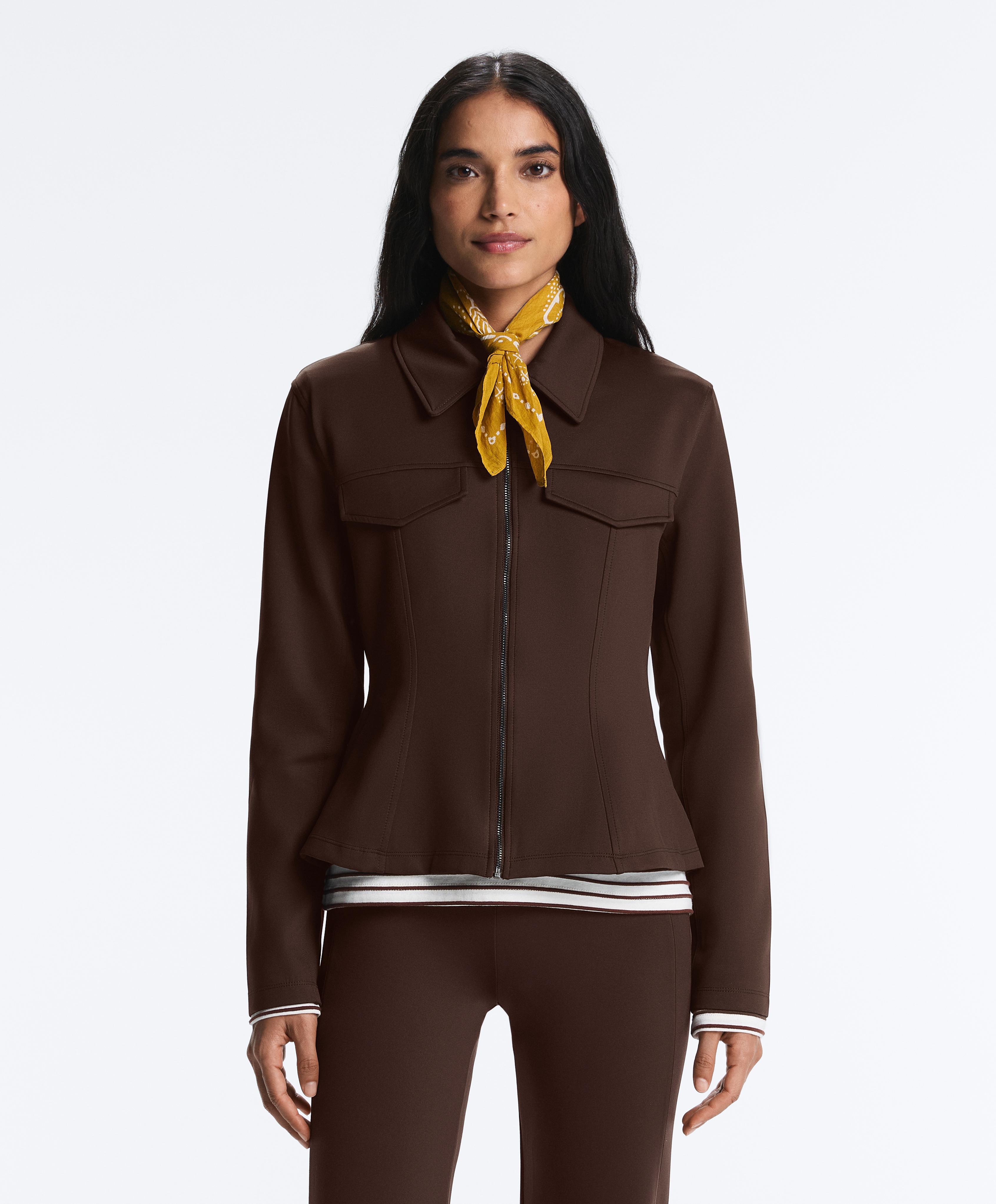 Neoprene-effect peplum jacket with ribbing — BROWN