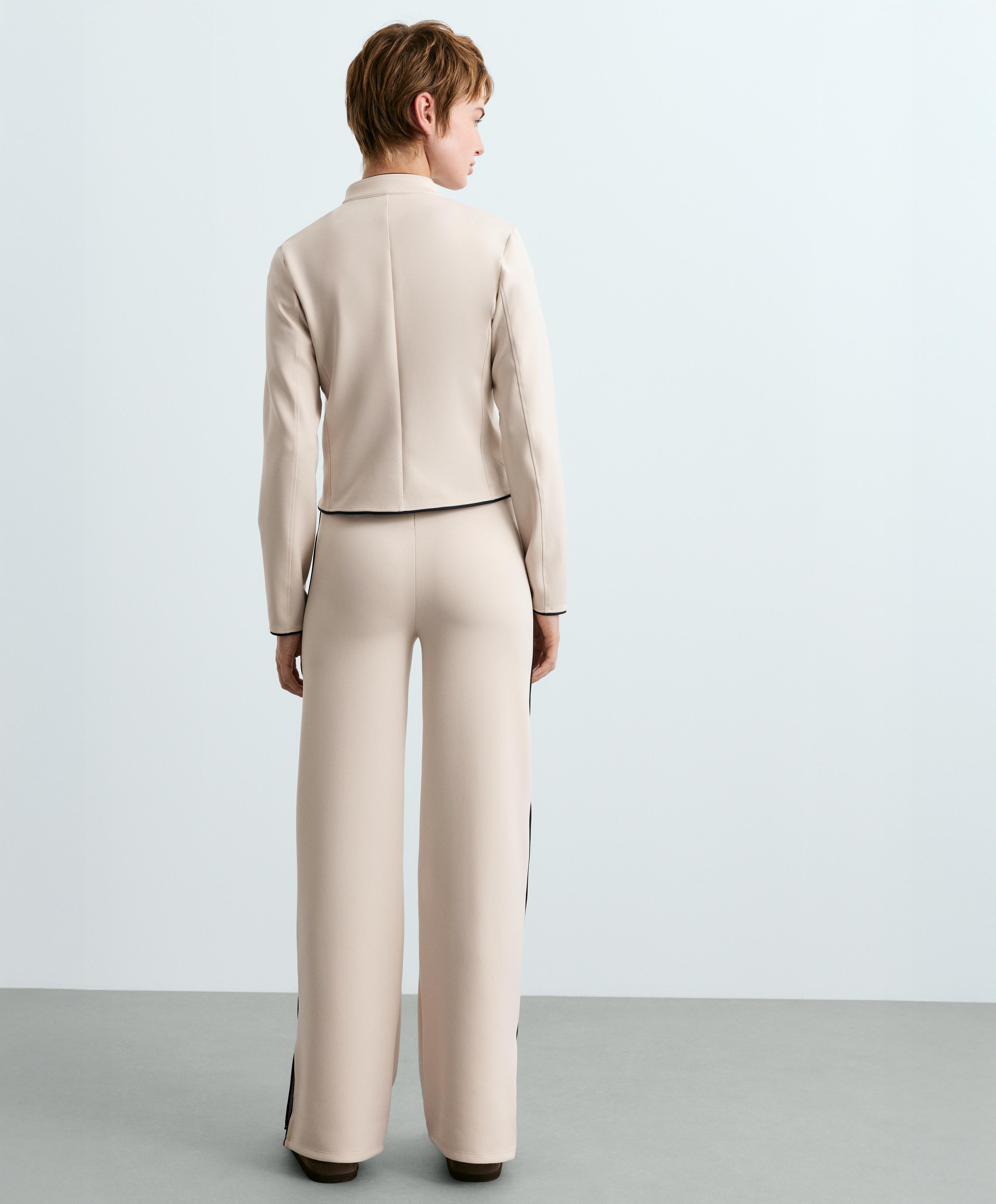 High-waist straight-leg neoprene-effect piping trousers — OATMEAL