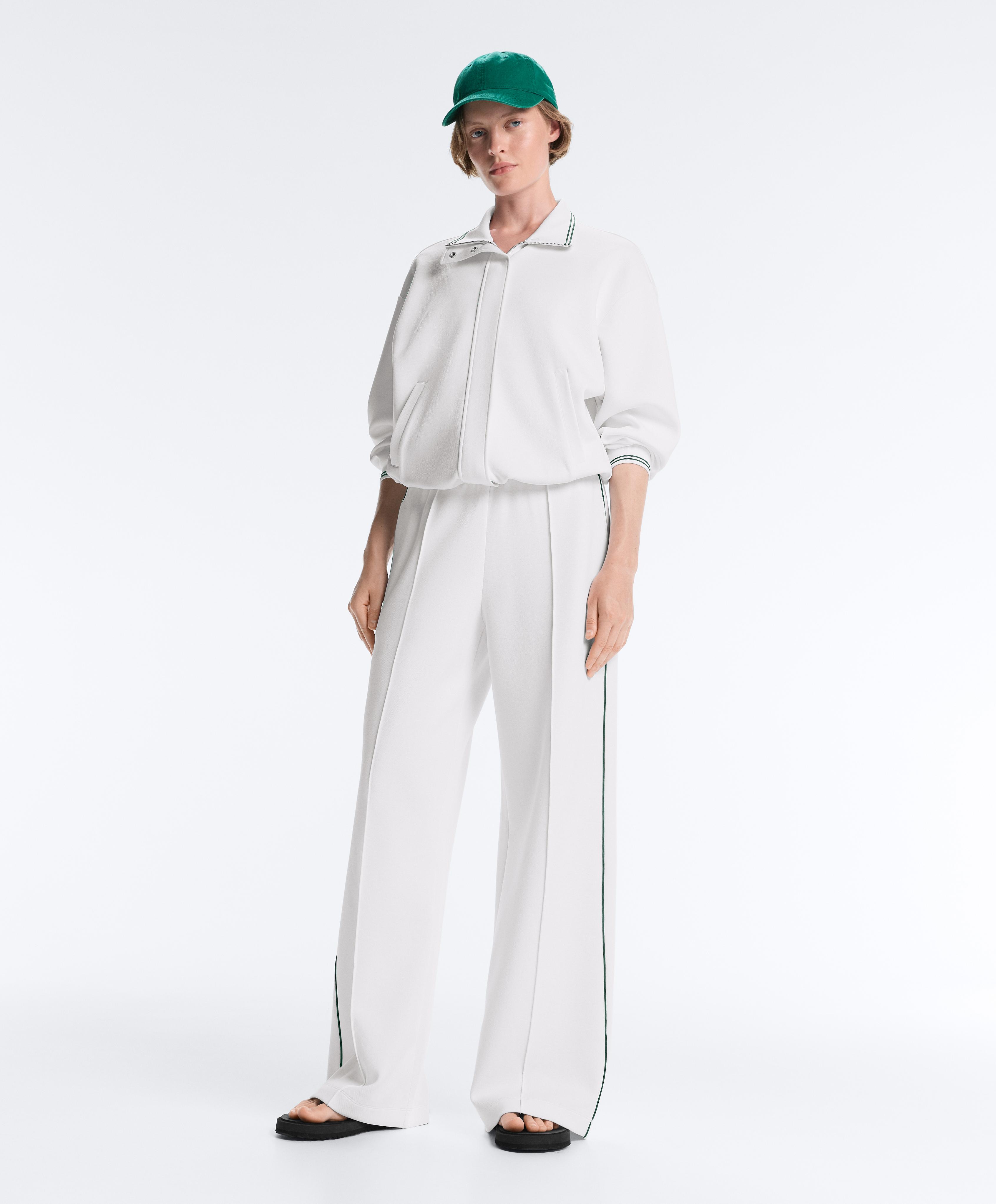 Cotton piqué straight-leg trousers with piping — WHITE