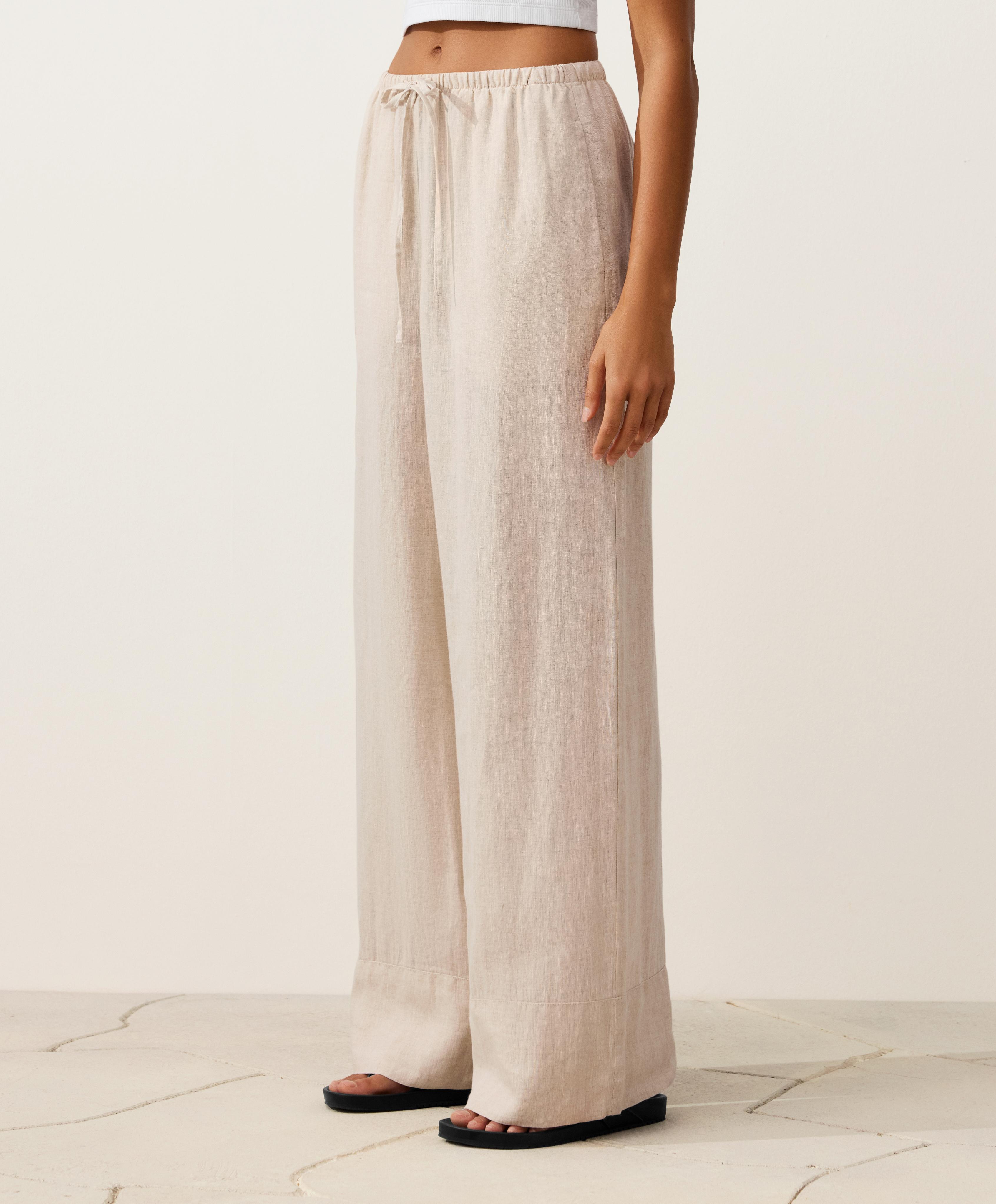 100% linen straight-leg trousers — SAND MELANGE