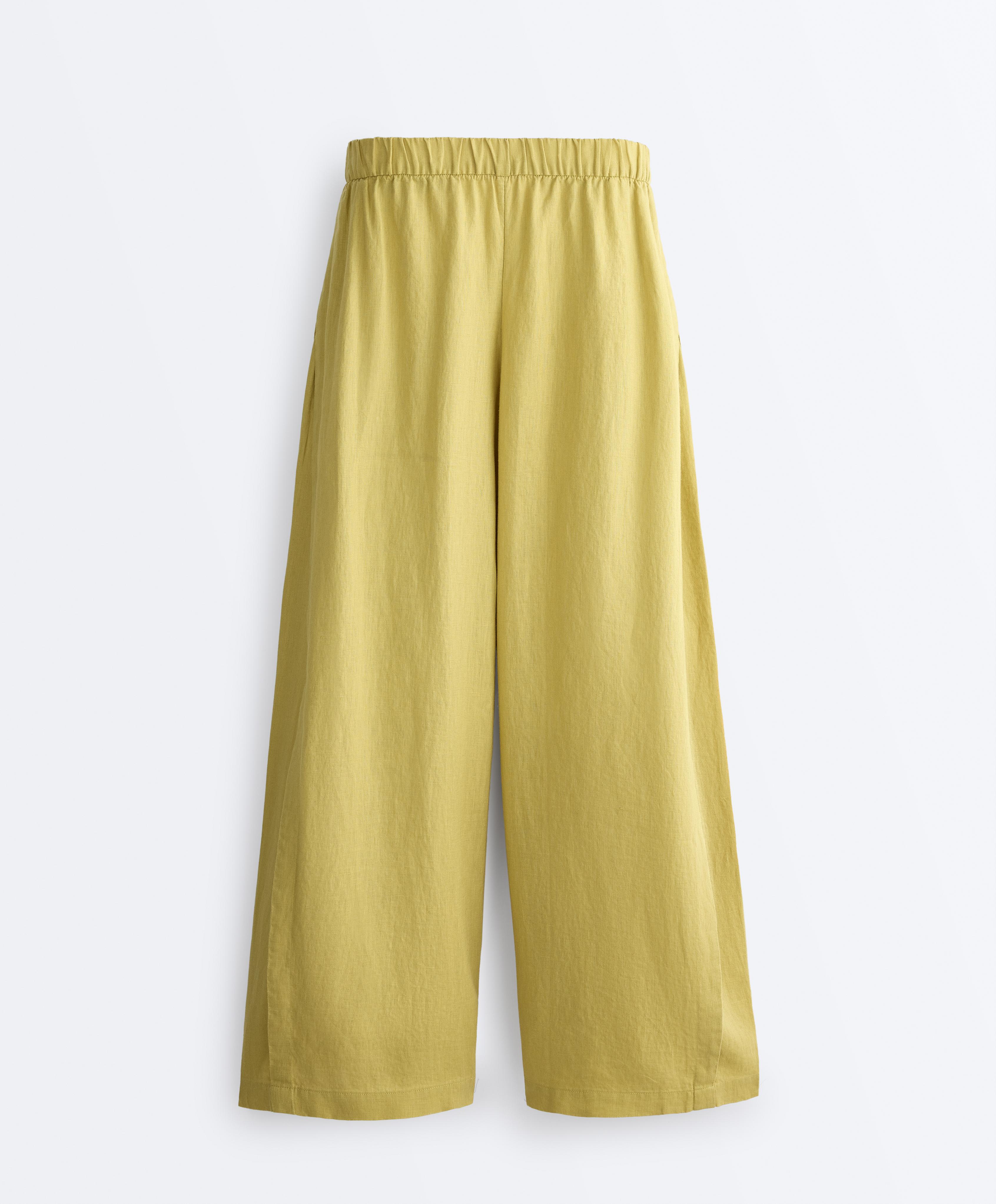 100% linen wide-leg trousers with side pleat — LIME GREEN