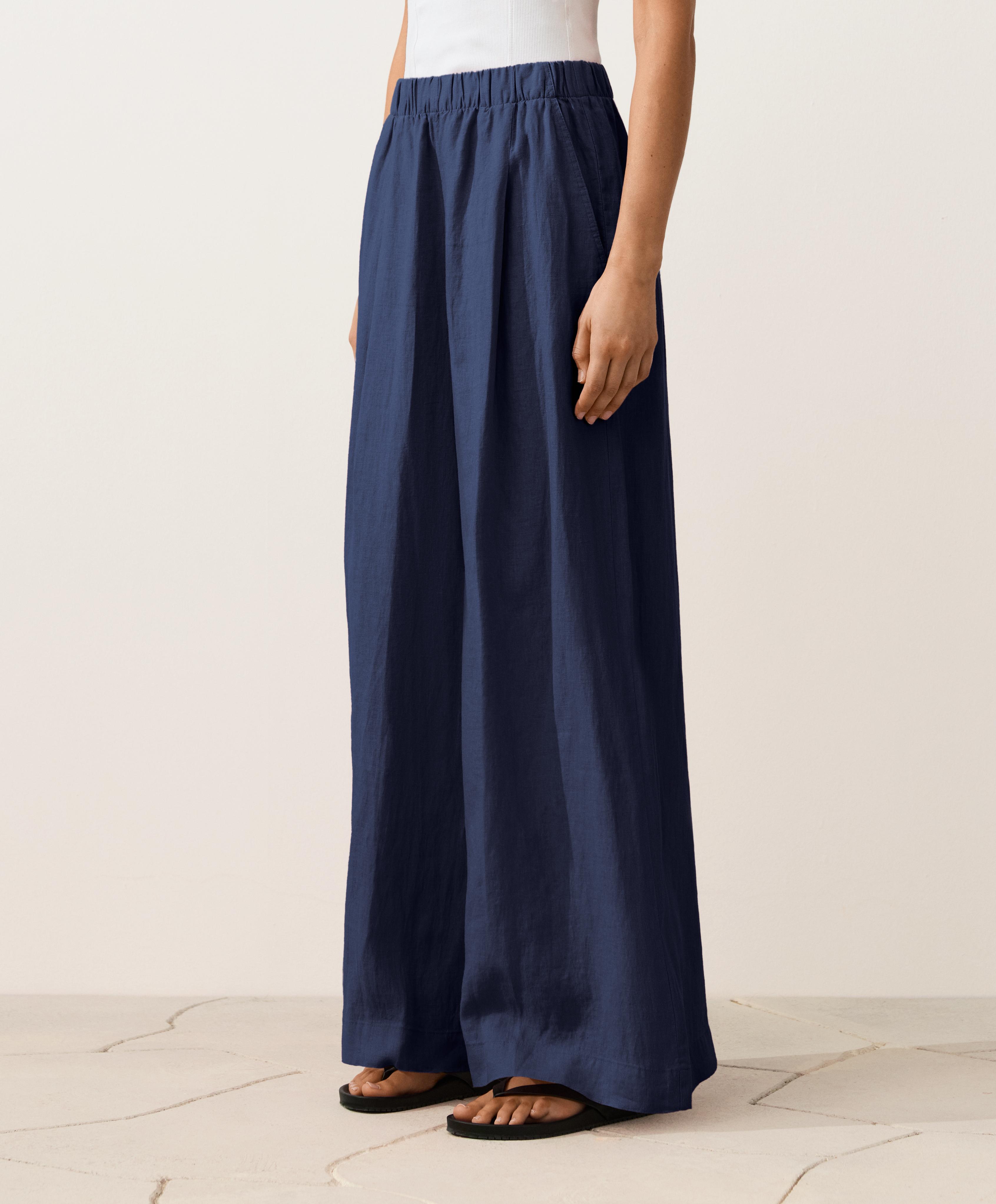 100% linen wide-leg trousers — NAVY