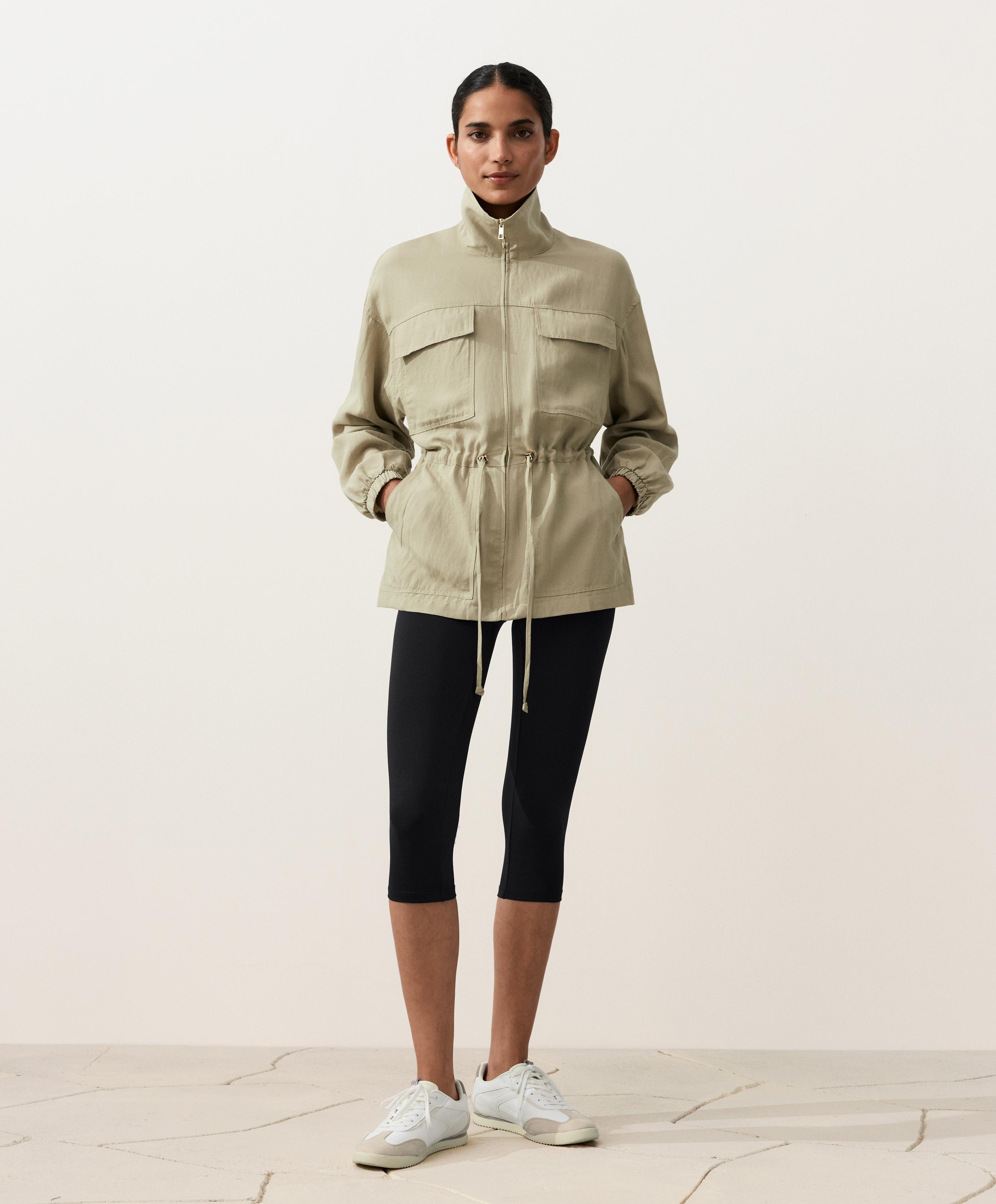 Lyocell and 24% linen blend ruched waist jacket — GREEN BEIGE