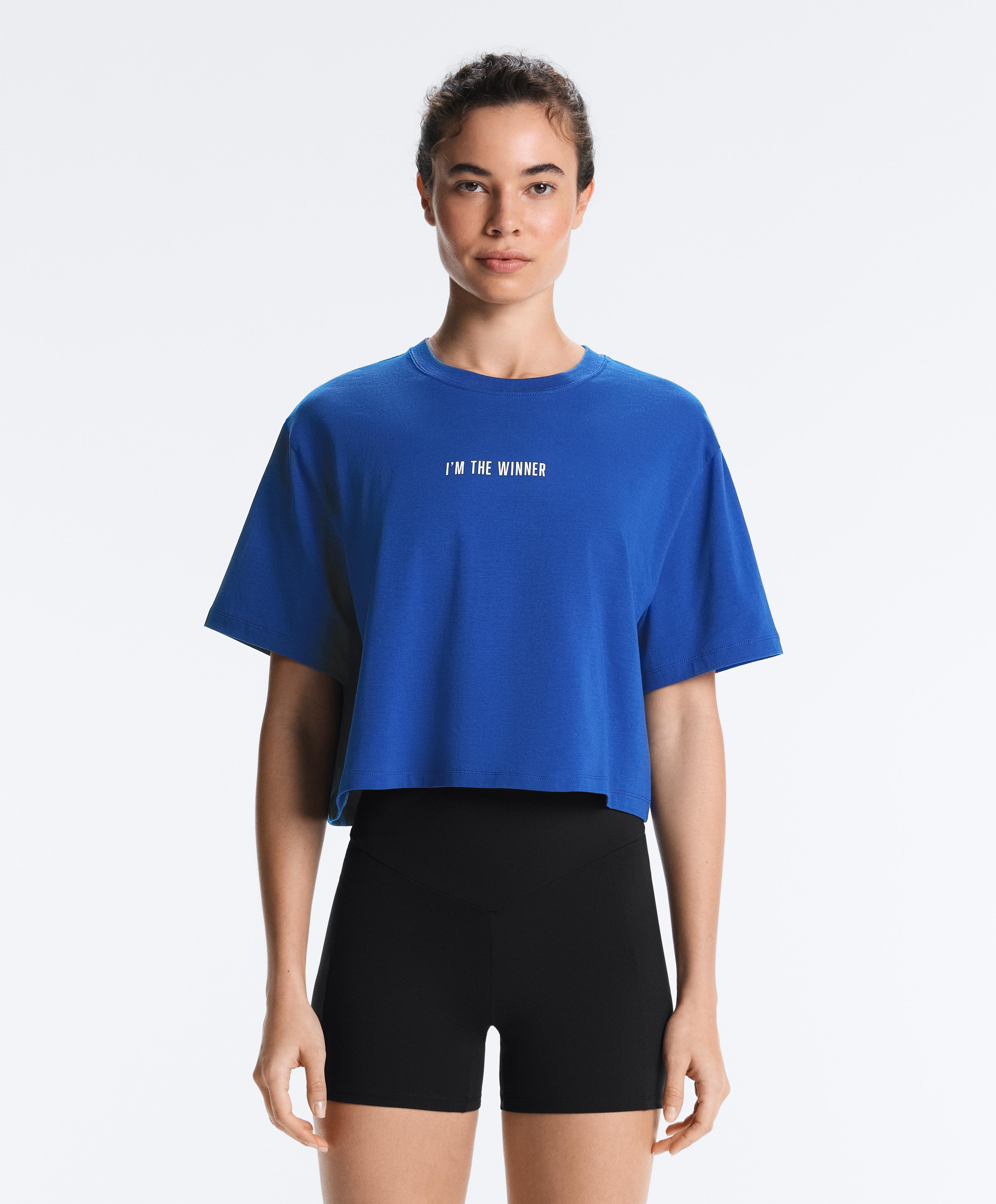 Boxy cropped cotton blend slogan T-shirt — ELECTRIC BLUE