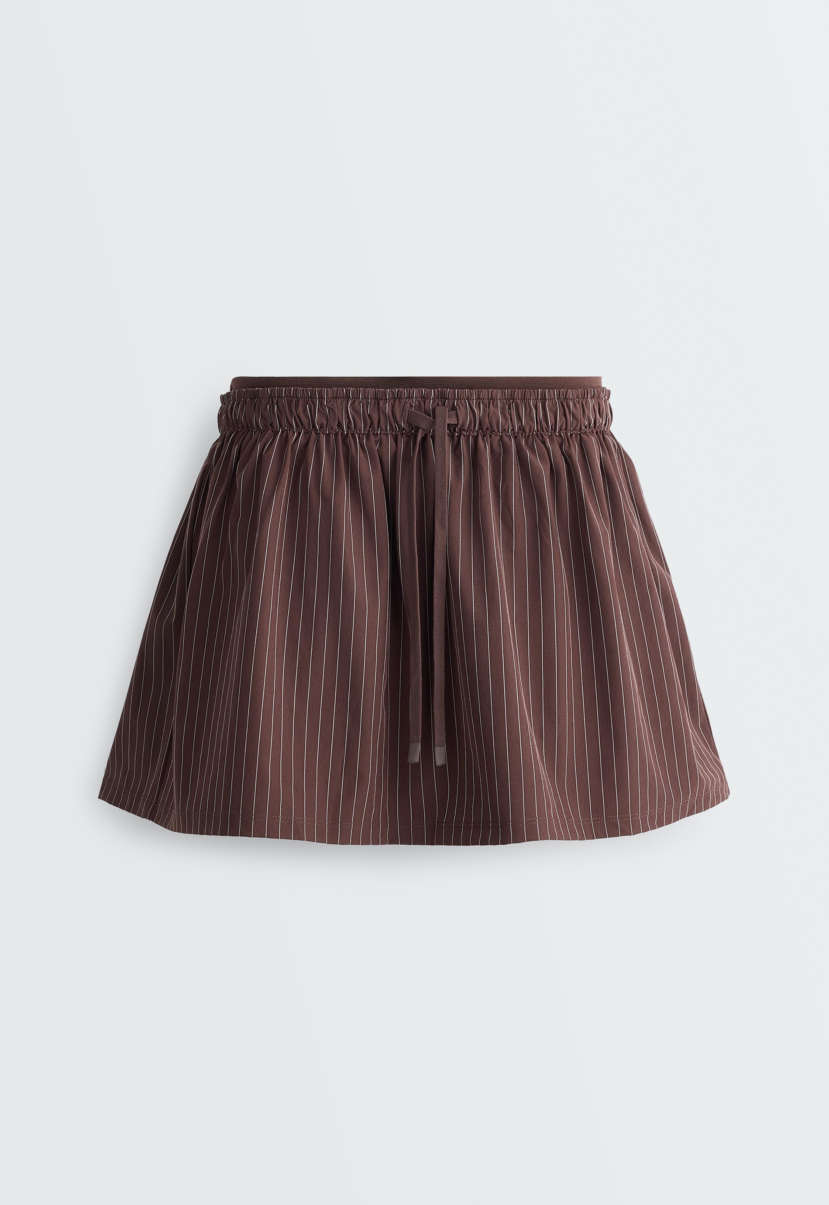 Pinstripe double-waist mini skirt — CHOCOLATE