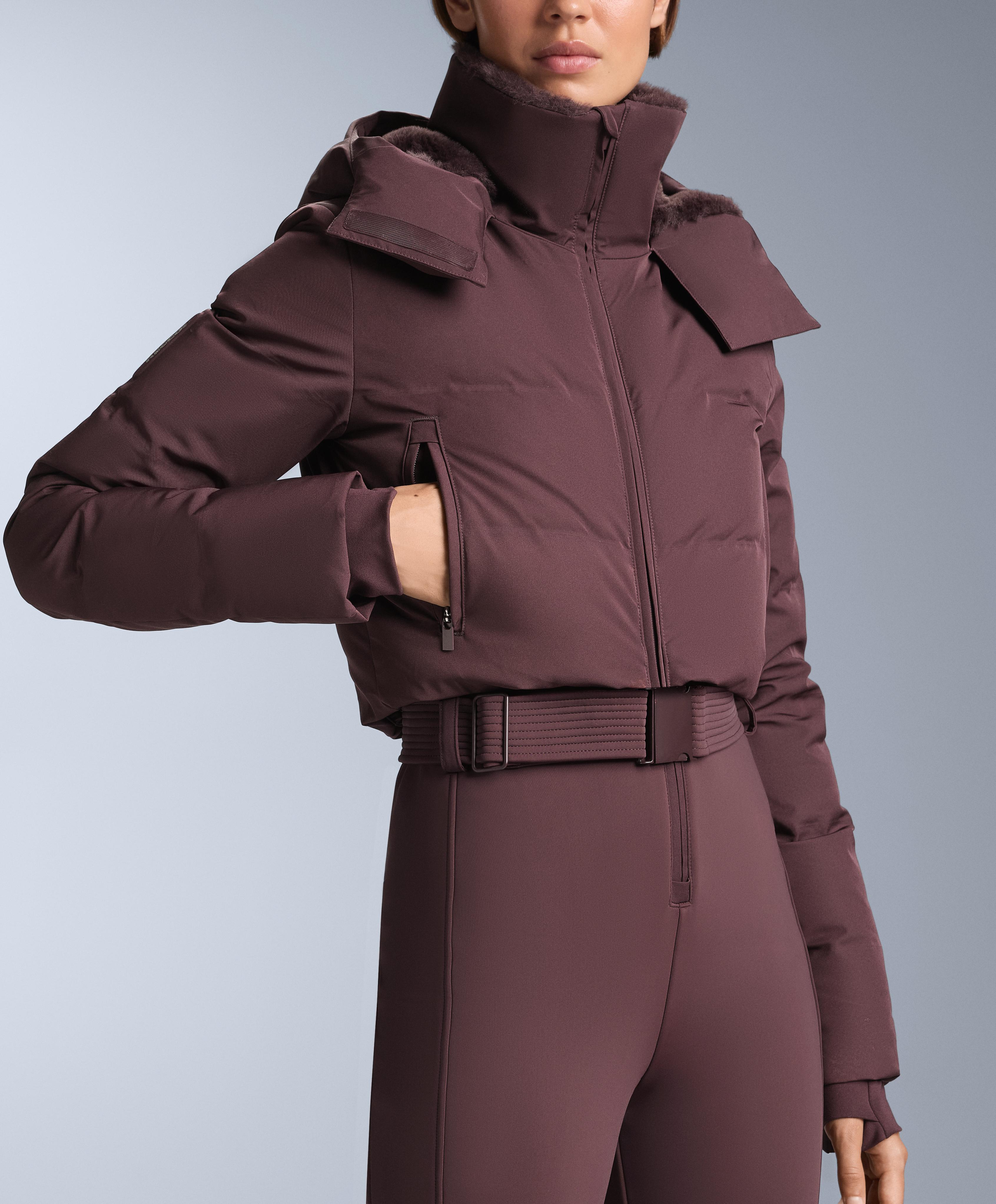 MINARDI PIUME SKI water-resistant padded jumpsuit with 80% down and 20% feather filling — DARK WINE RED