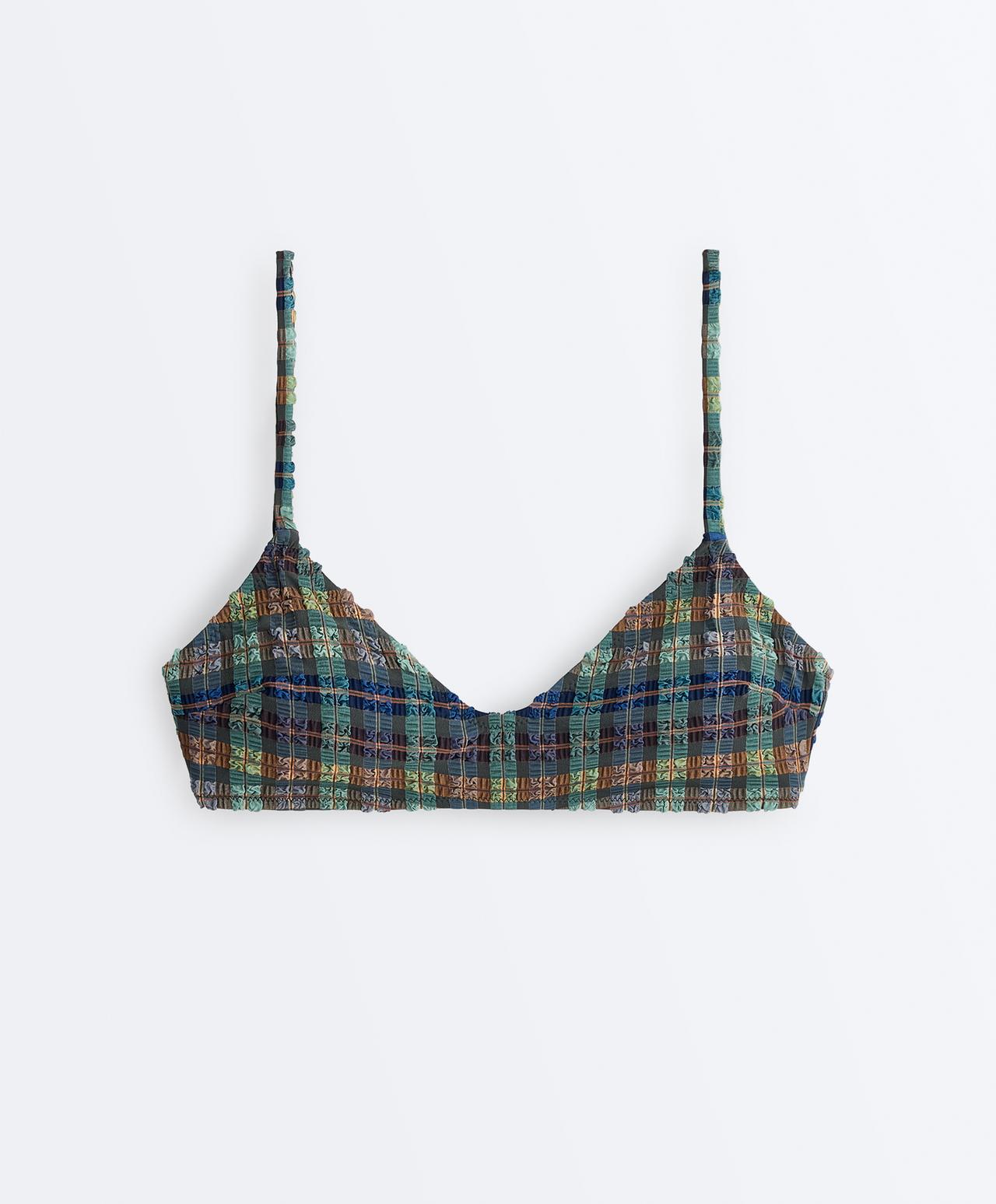 Checked textured bikini top — KHAKI