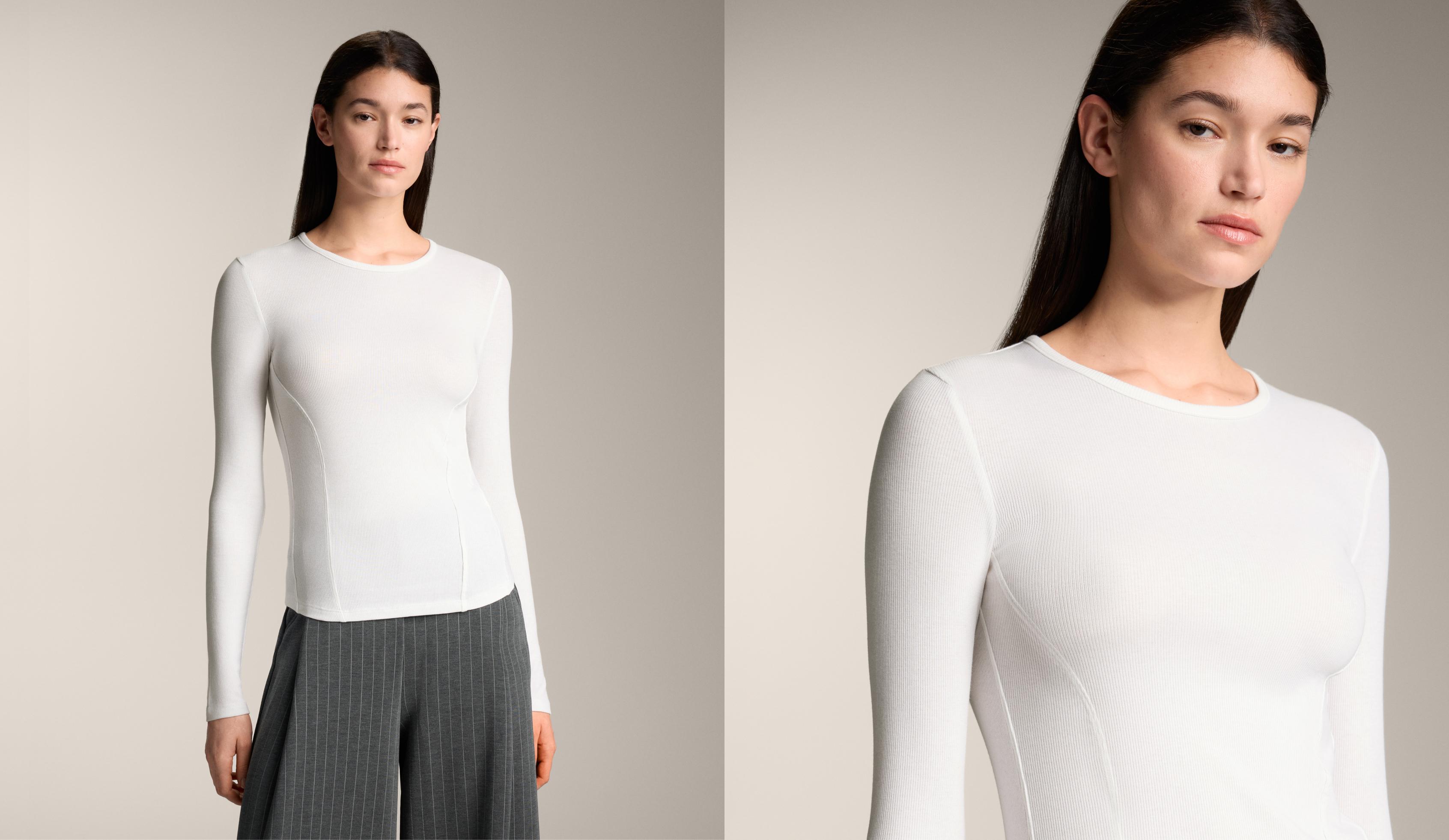 Fitted long sleeve rib T-shirt with cotton and modal — WHITE 