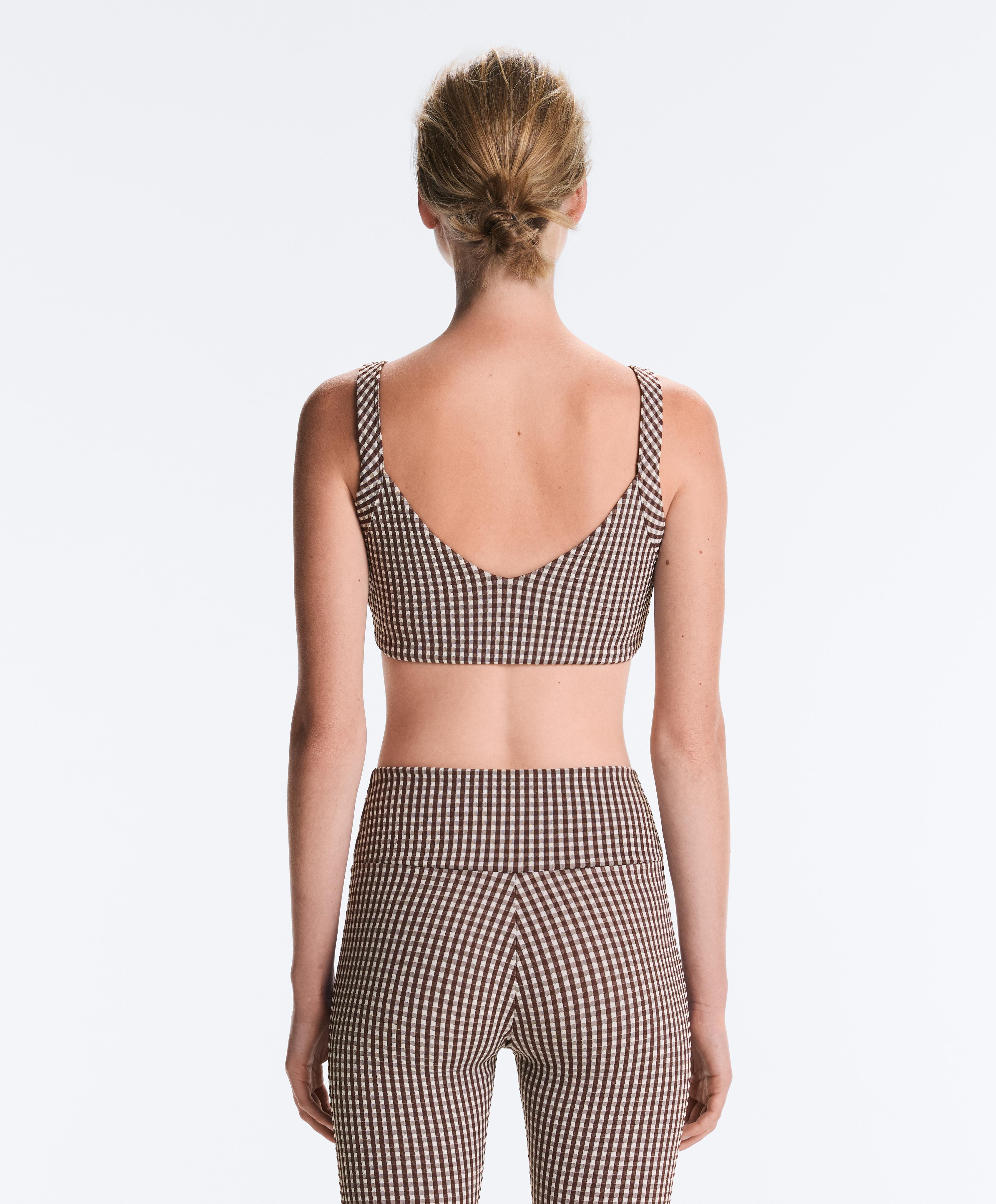 Medium-support gingham sports bra — DARK REDDISH‑BROWN