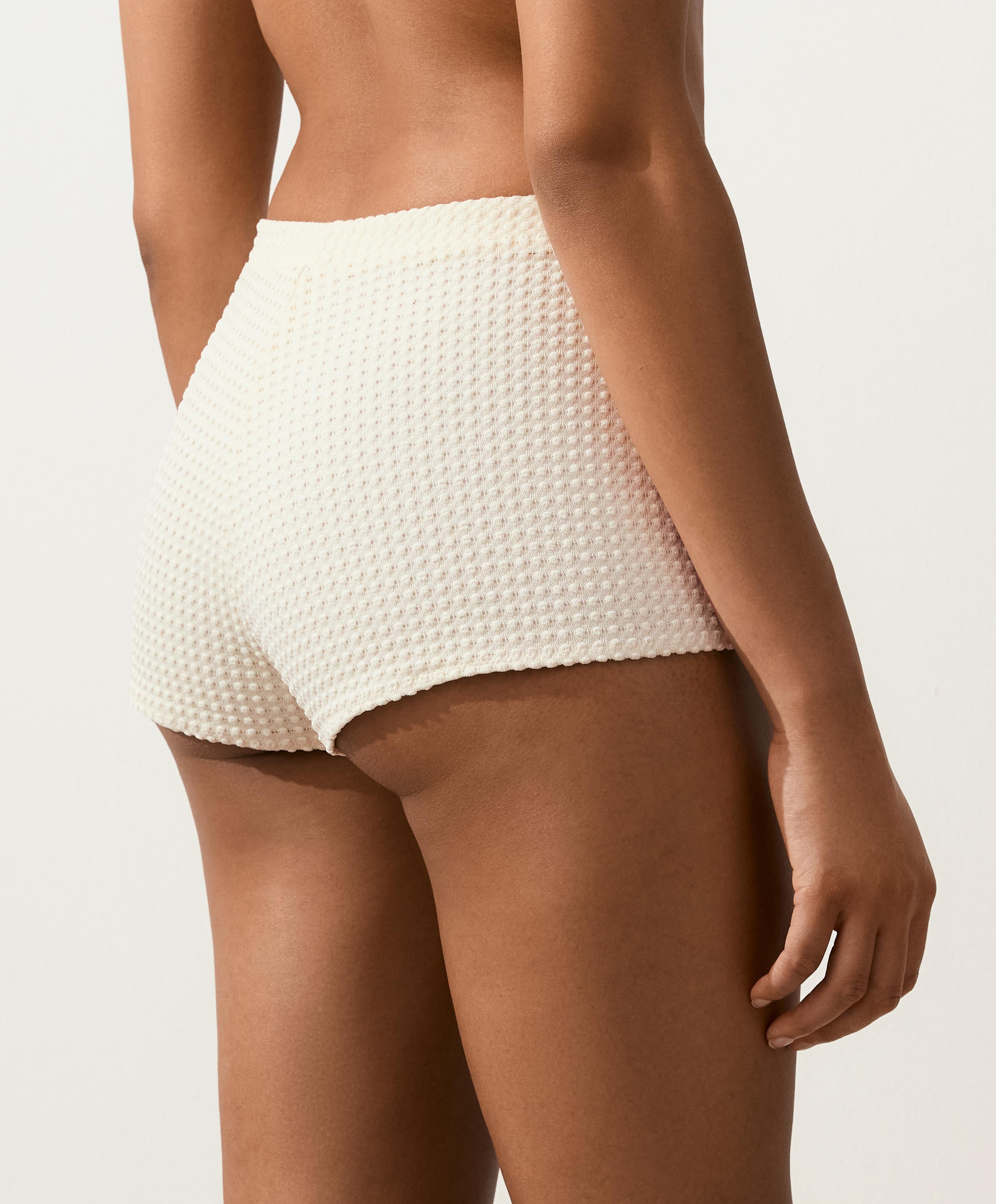 Bubble-texture crochet high-waisted bikini shorts — ECRU
