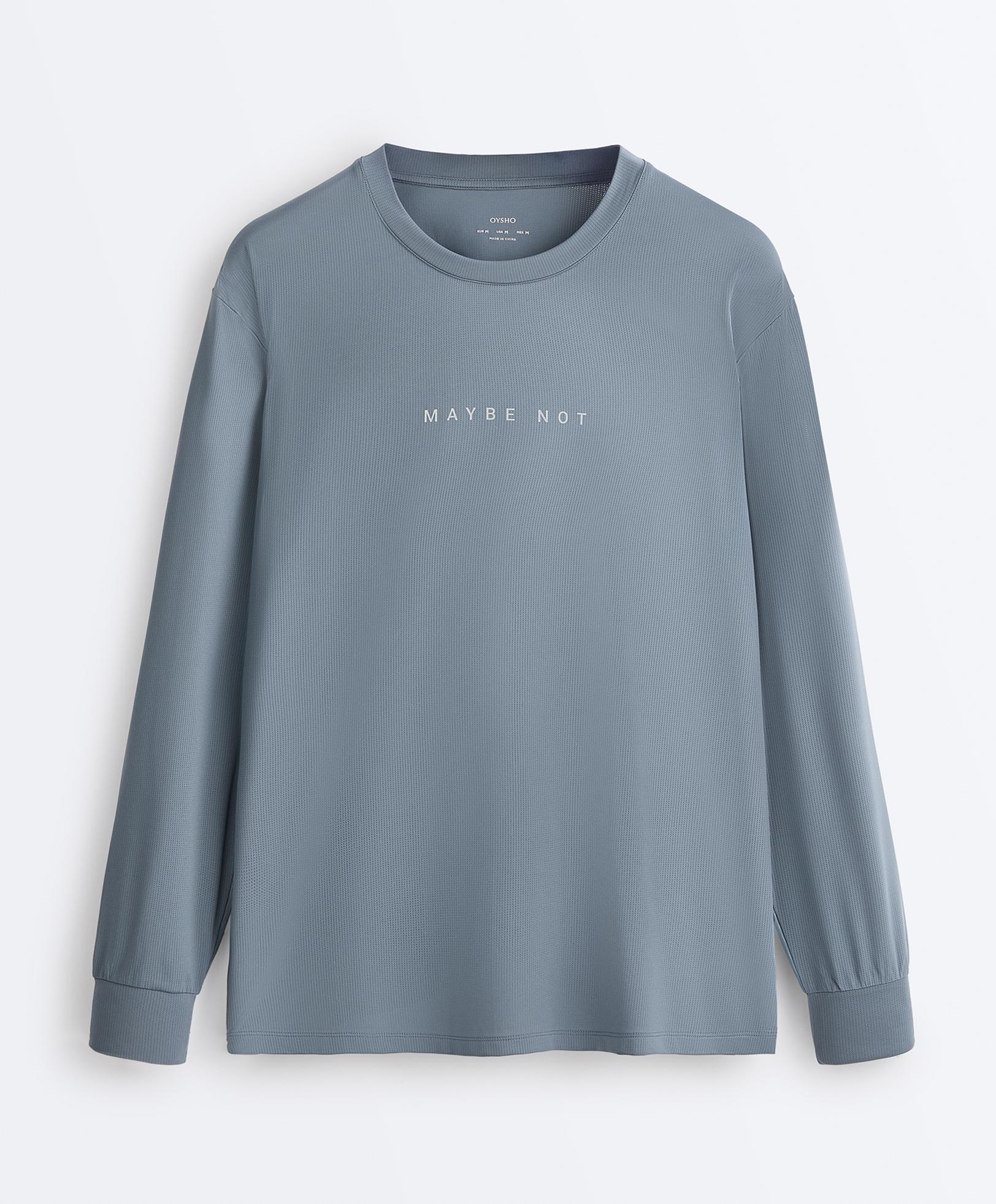 Long-sleeved technical T-shirt with text — MID GREY-BLUE