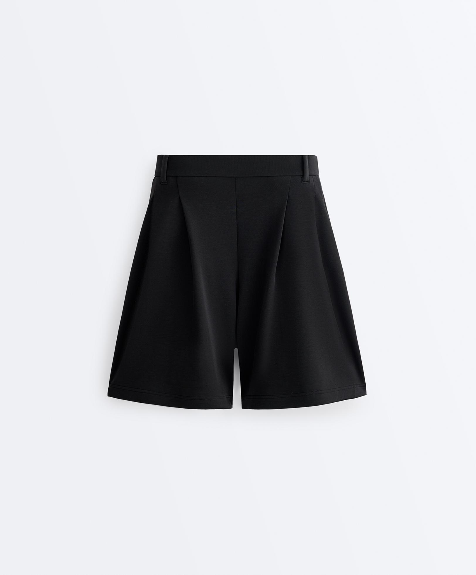 Soft-touch modal Bermuda shorts with pleats — BLACK