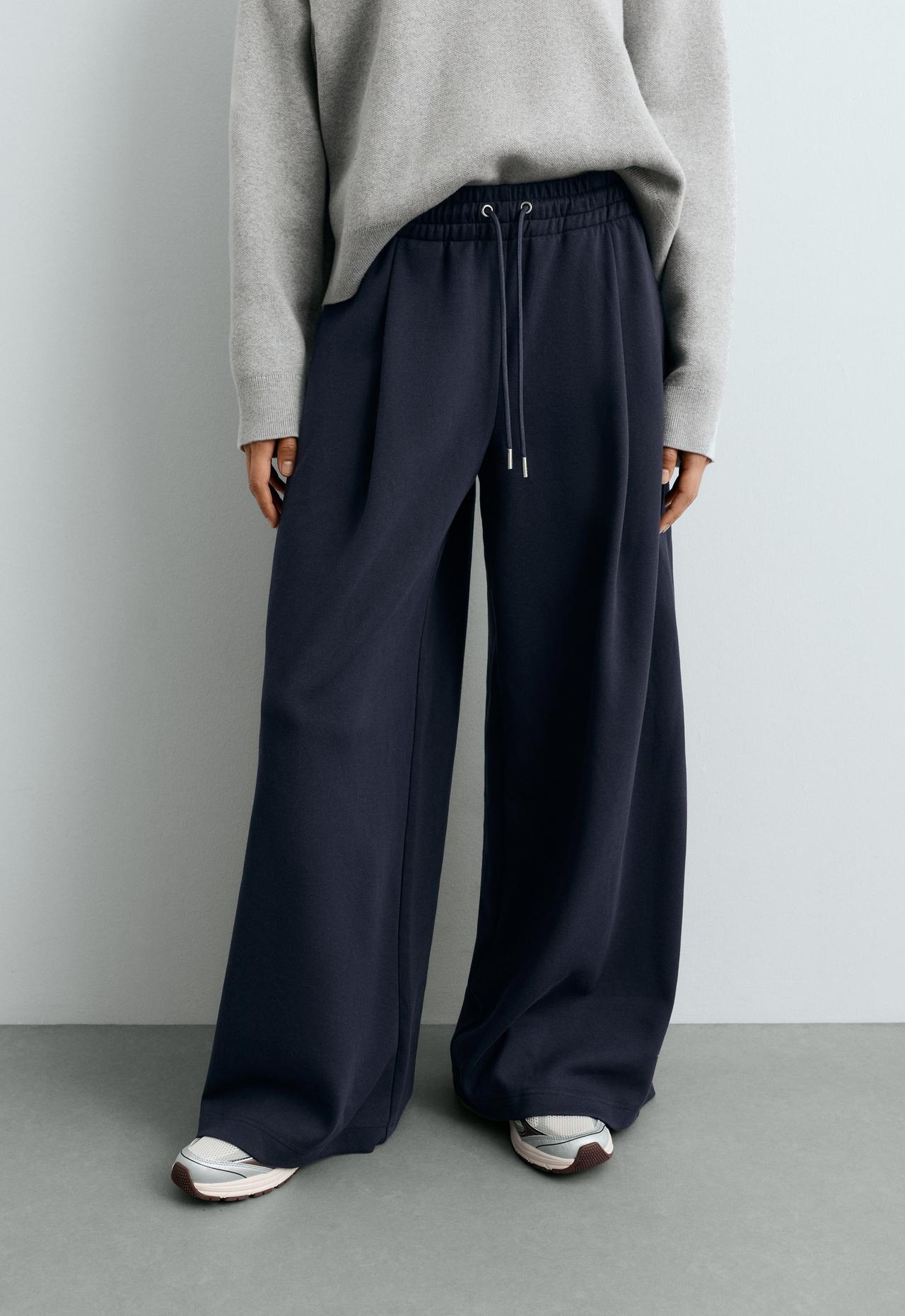Wide leg piqué cotton trousers — INK BLUE