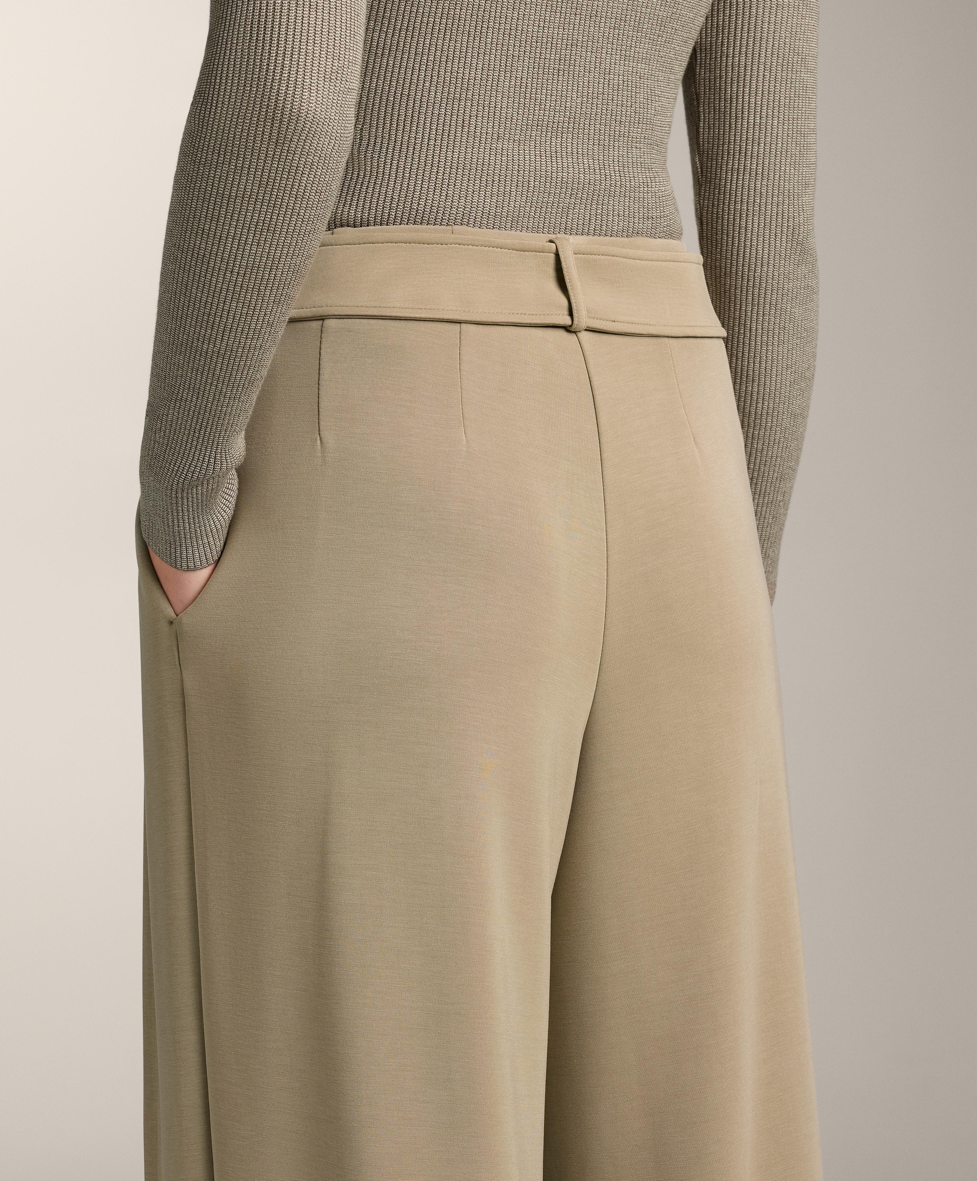 Soft-touch modal wide-leg trousers with pleat waist detail — GREEN BEIGE