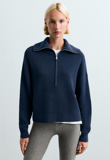 Knit jumper with half zip, cotton and 18% wool — NAVY BLUE 2