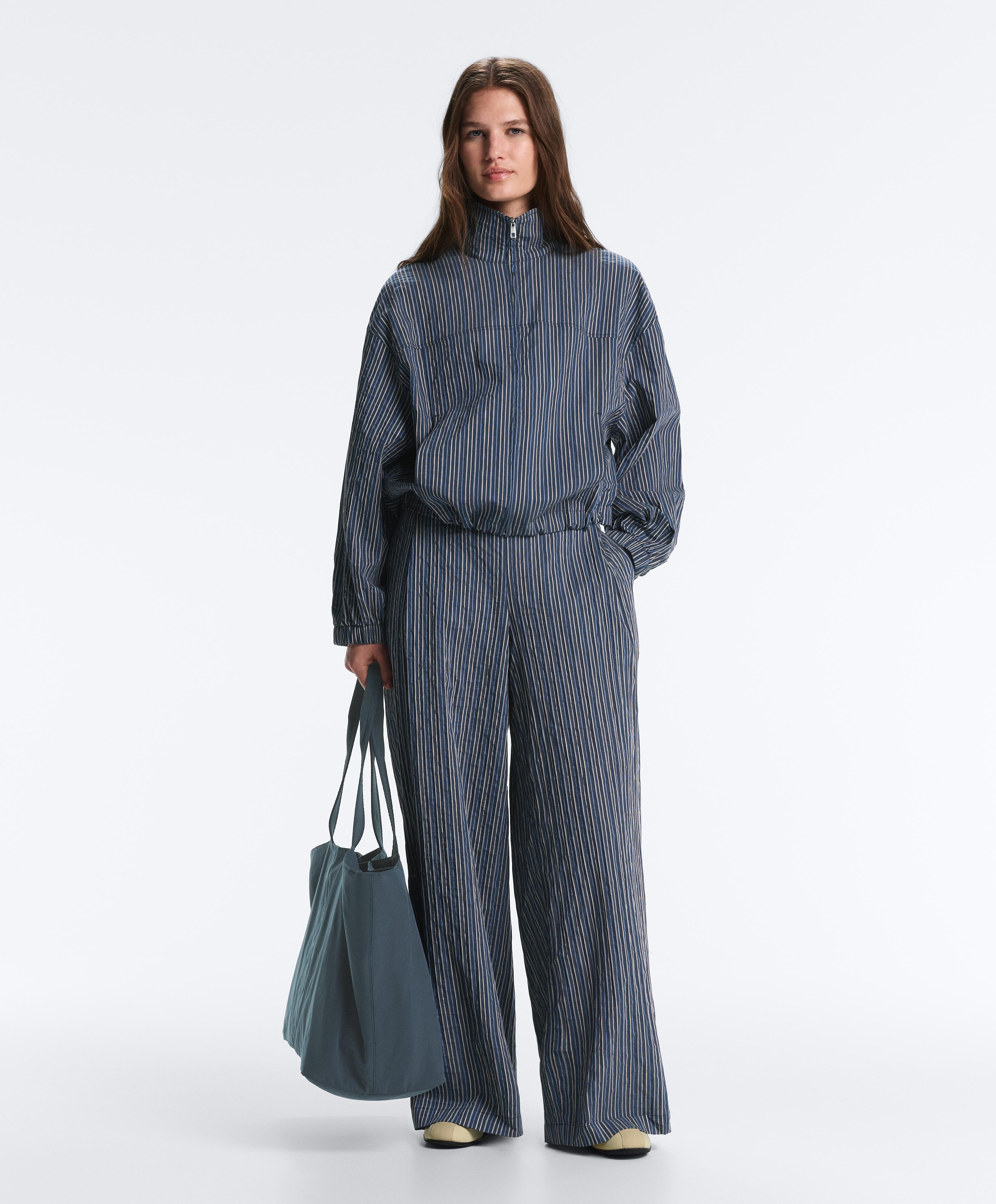 Cotton blend striped bomber jacket — DARK NAVY