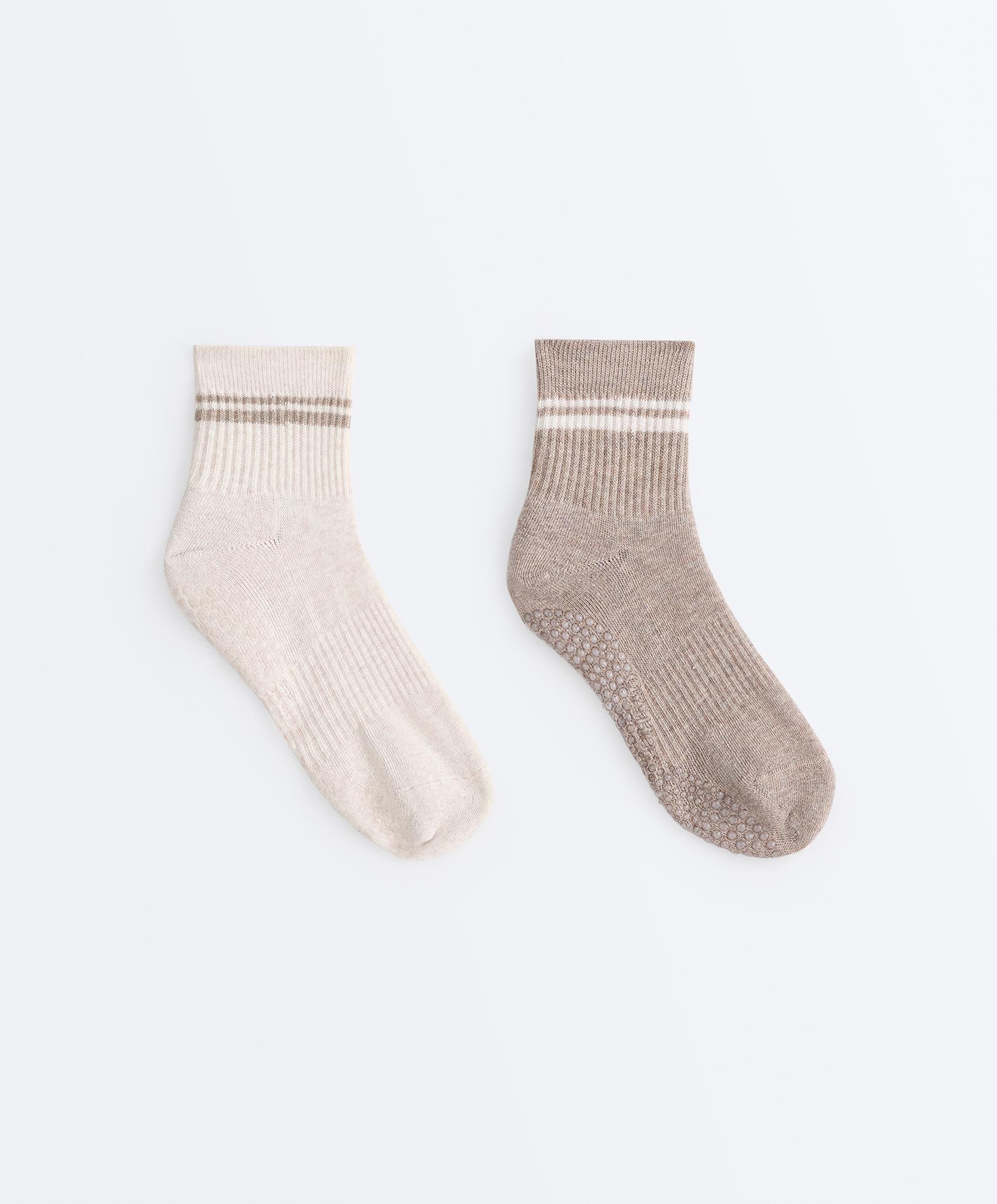 2 pairs of cotton padded quarter yoga and Pilates socks — TAN MELANGE