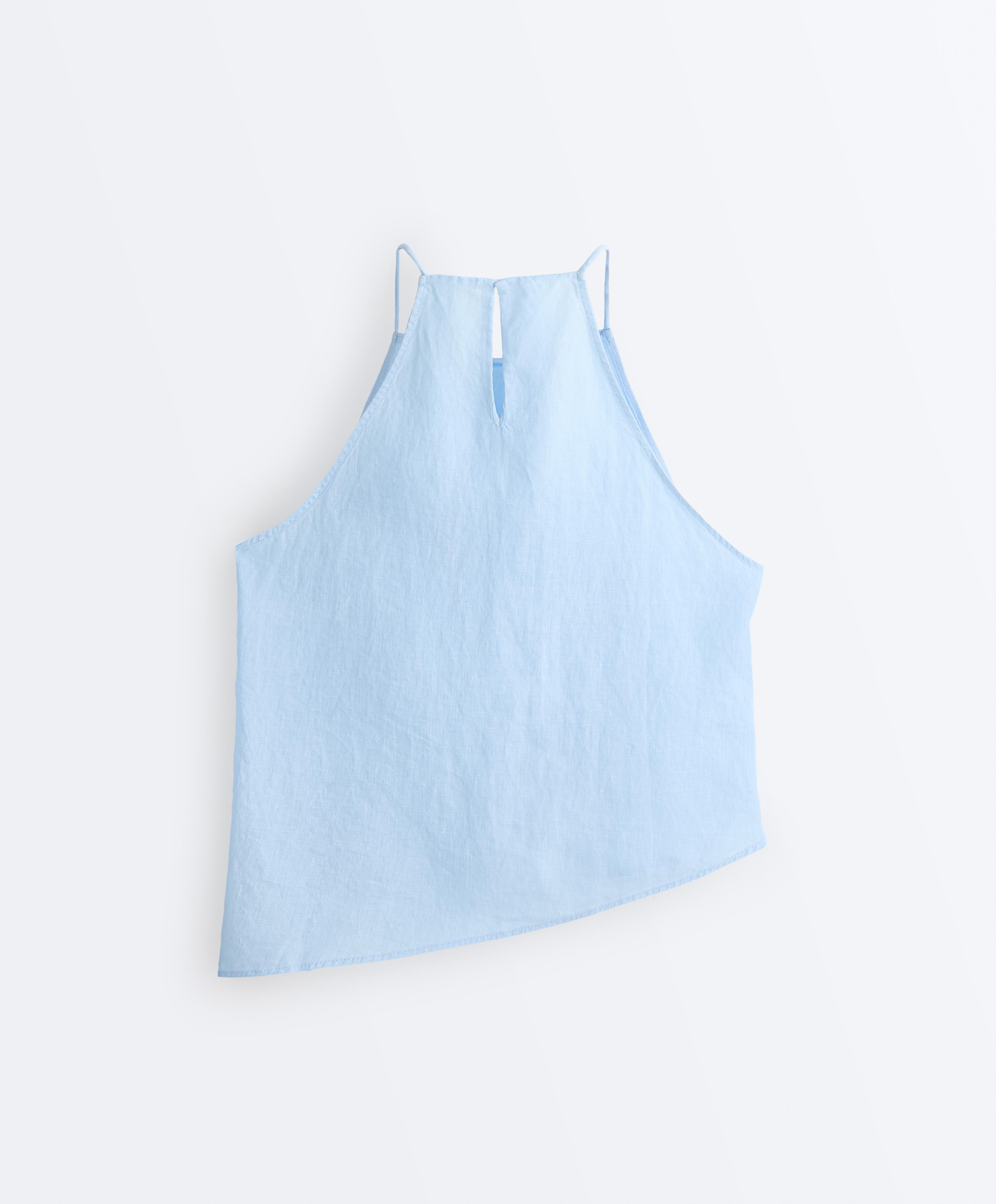 Asymmetric 100% linen sleeveless top — SKY BLUE