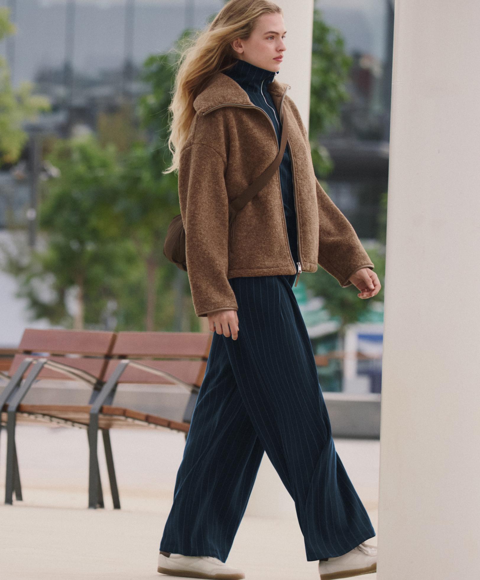 Soft-touch modal wide-leg striped trousers with front pleat detail