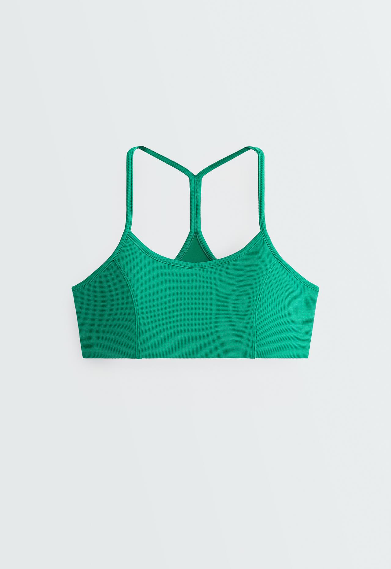 Low-support piqué sports bra — MID-GREEN MELANGE