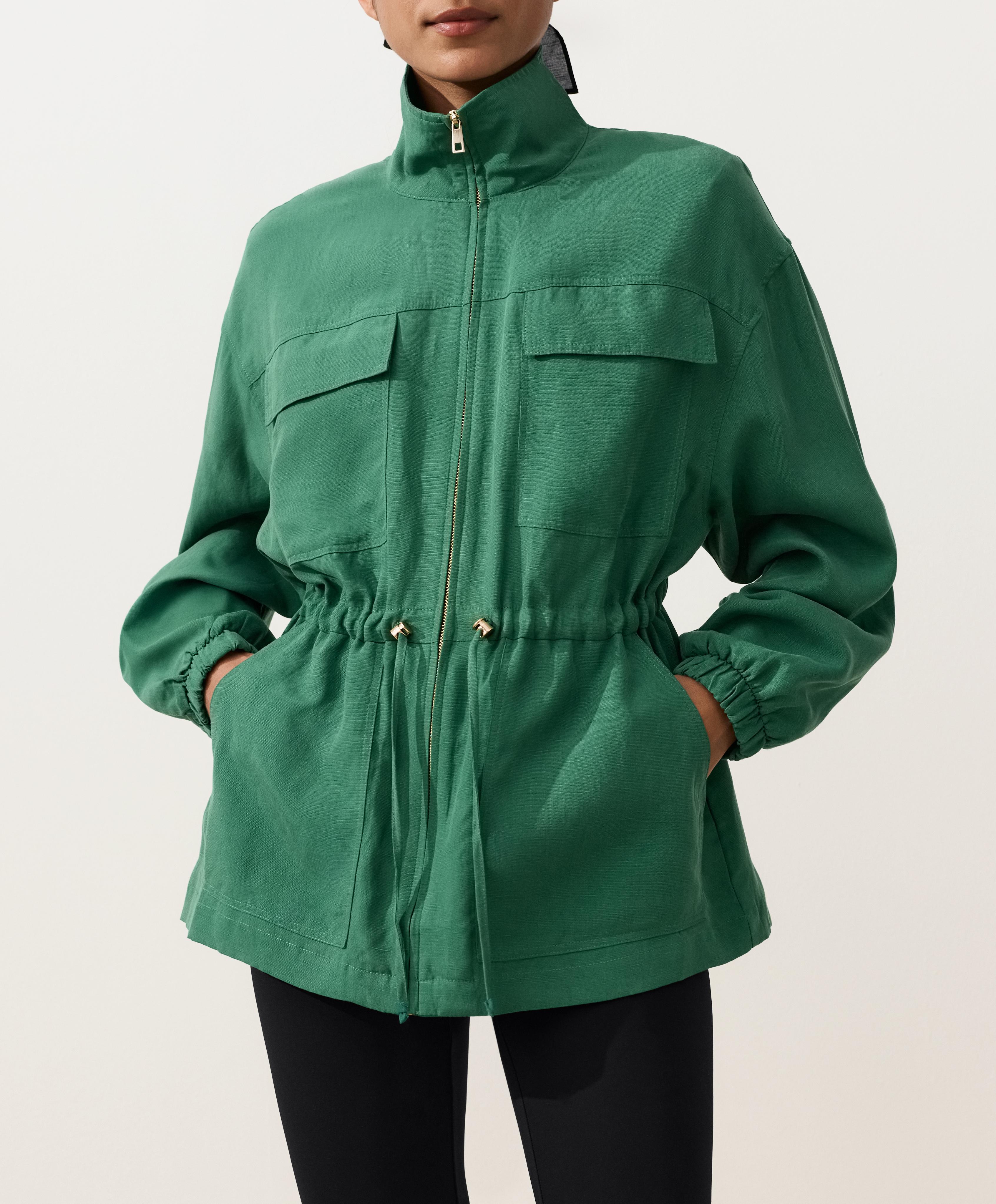 Lyocell and 24% linen blend ruched waist jacket — EMERALD GREEN