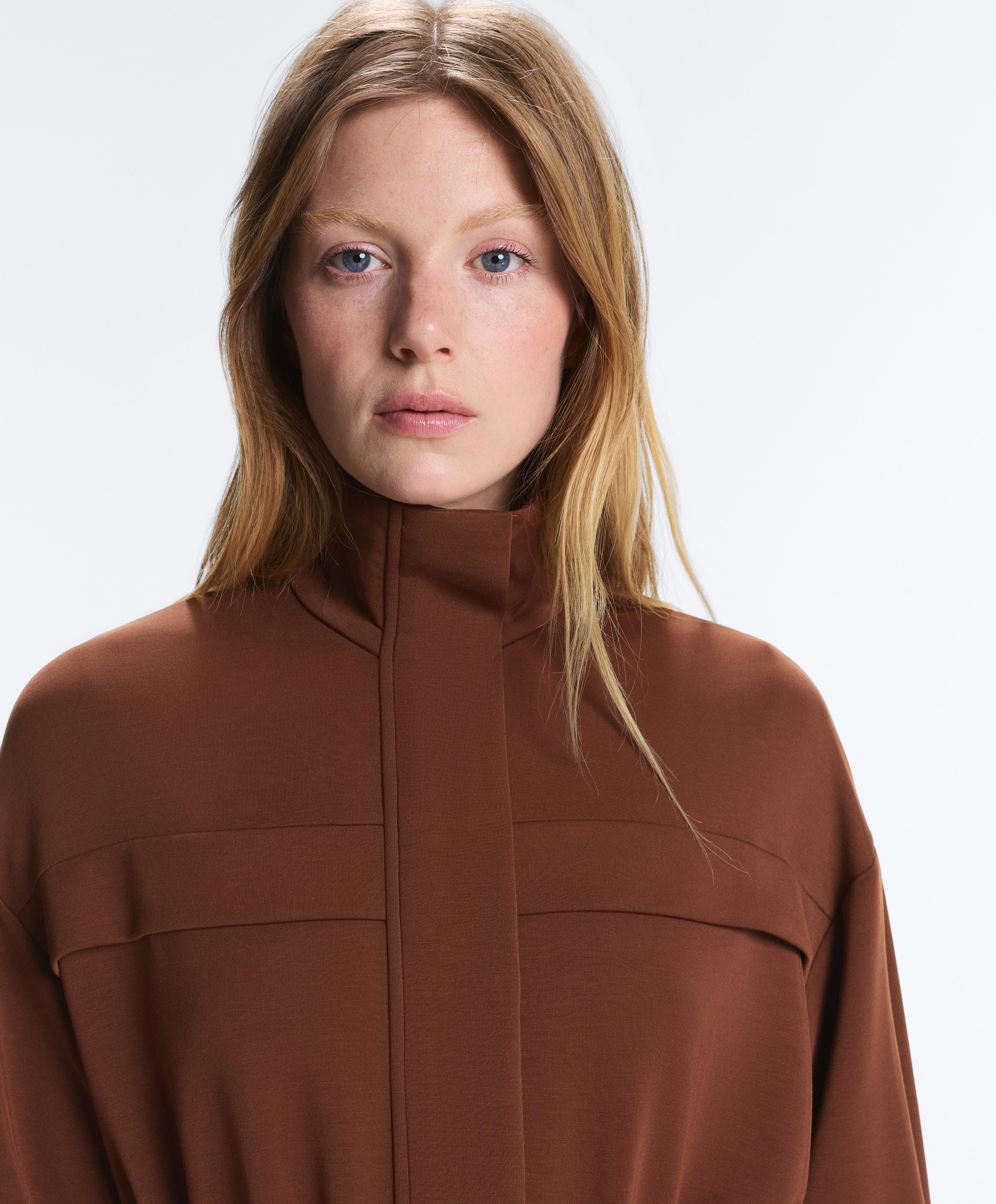 Long soft-touch modal jacket with pockets — COFFEE