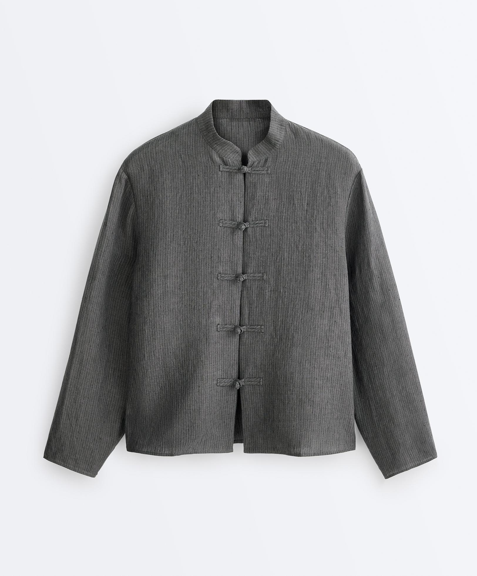 Striped 100% linen stand-up collar shirt — DARK ANTHRACITE