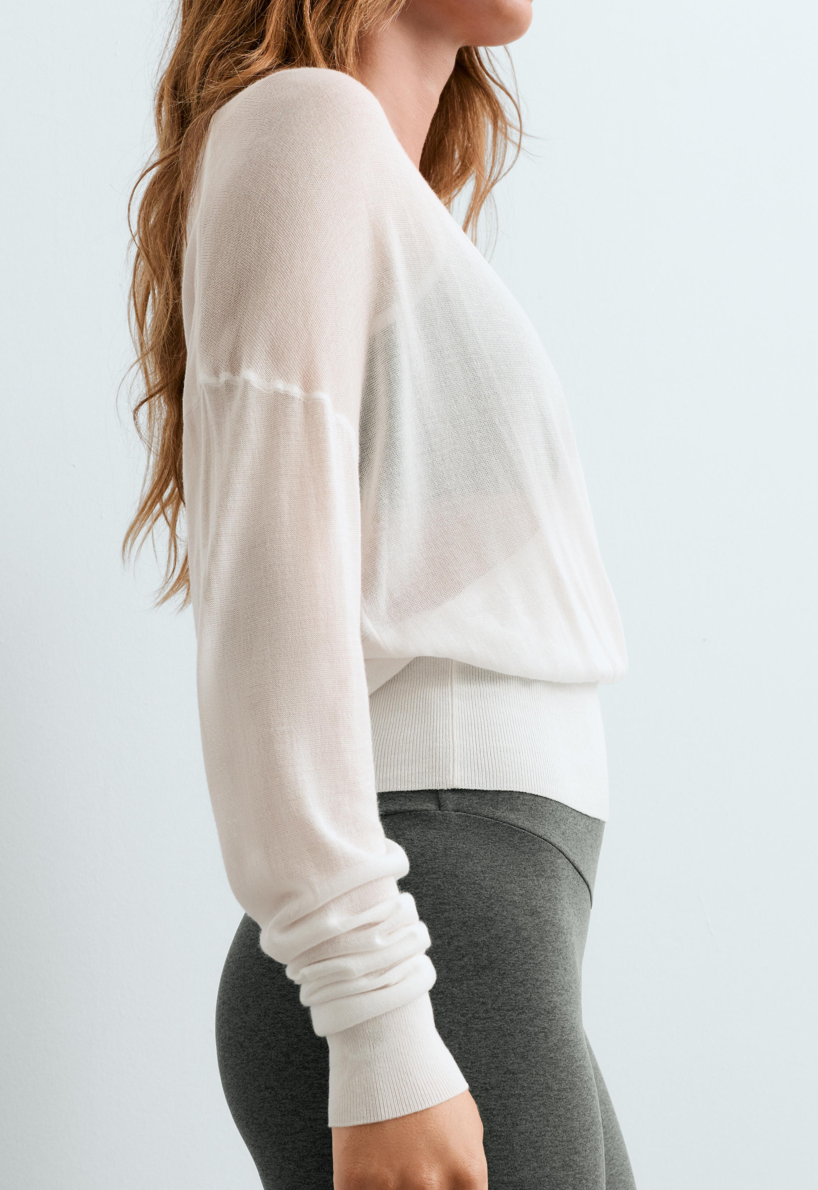 Lyocell blend sheer cross-over long sleeve T-shirt — WHITE 