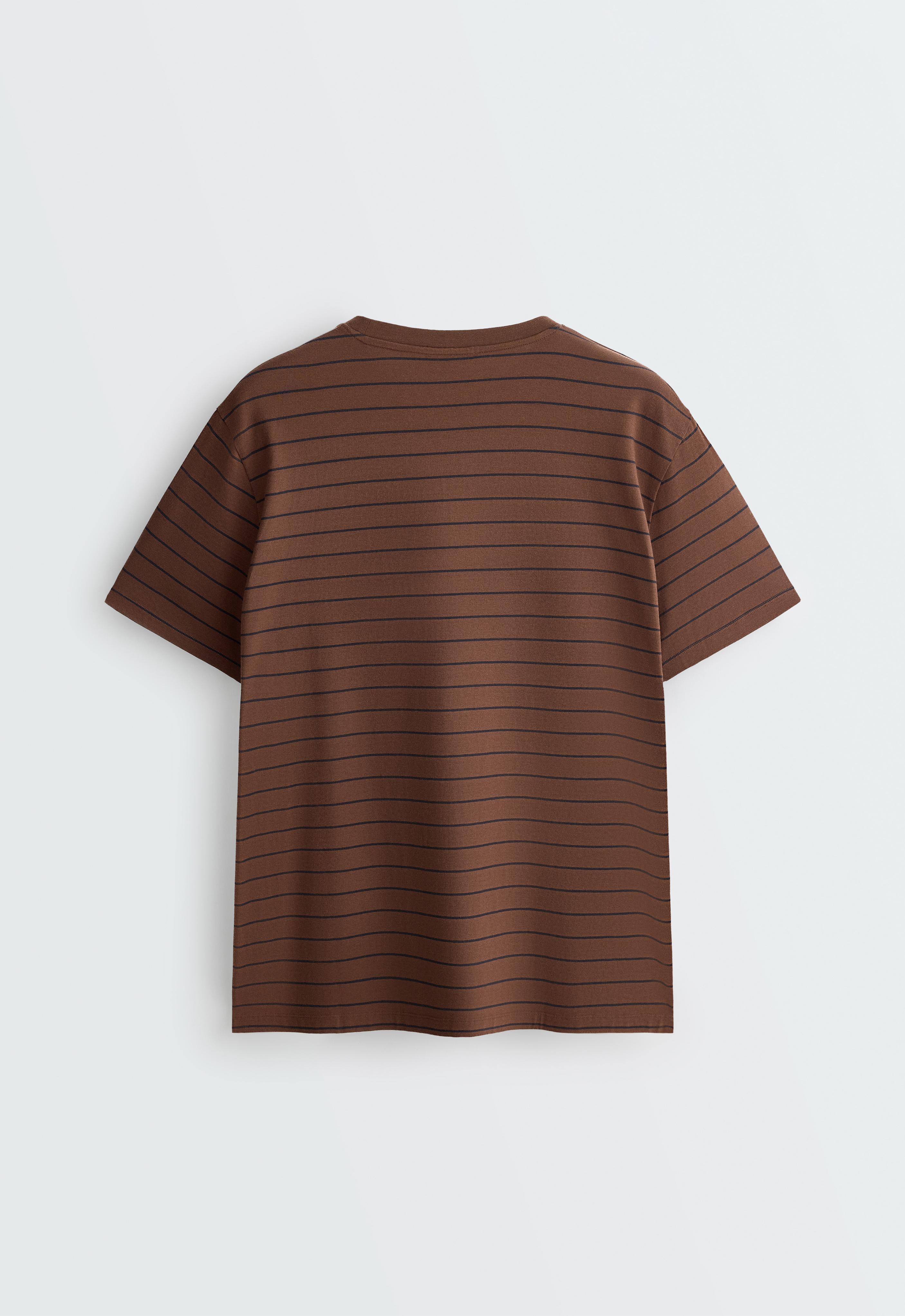 Oversize striped cotton blend short sleeve T-shirt — DARK BROWN