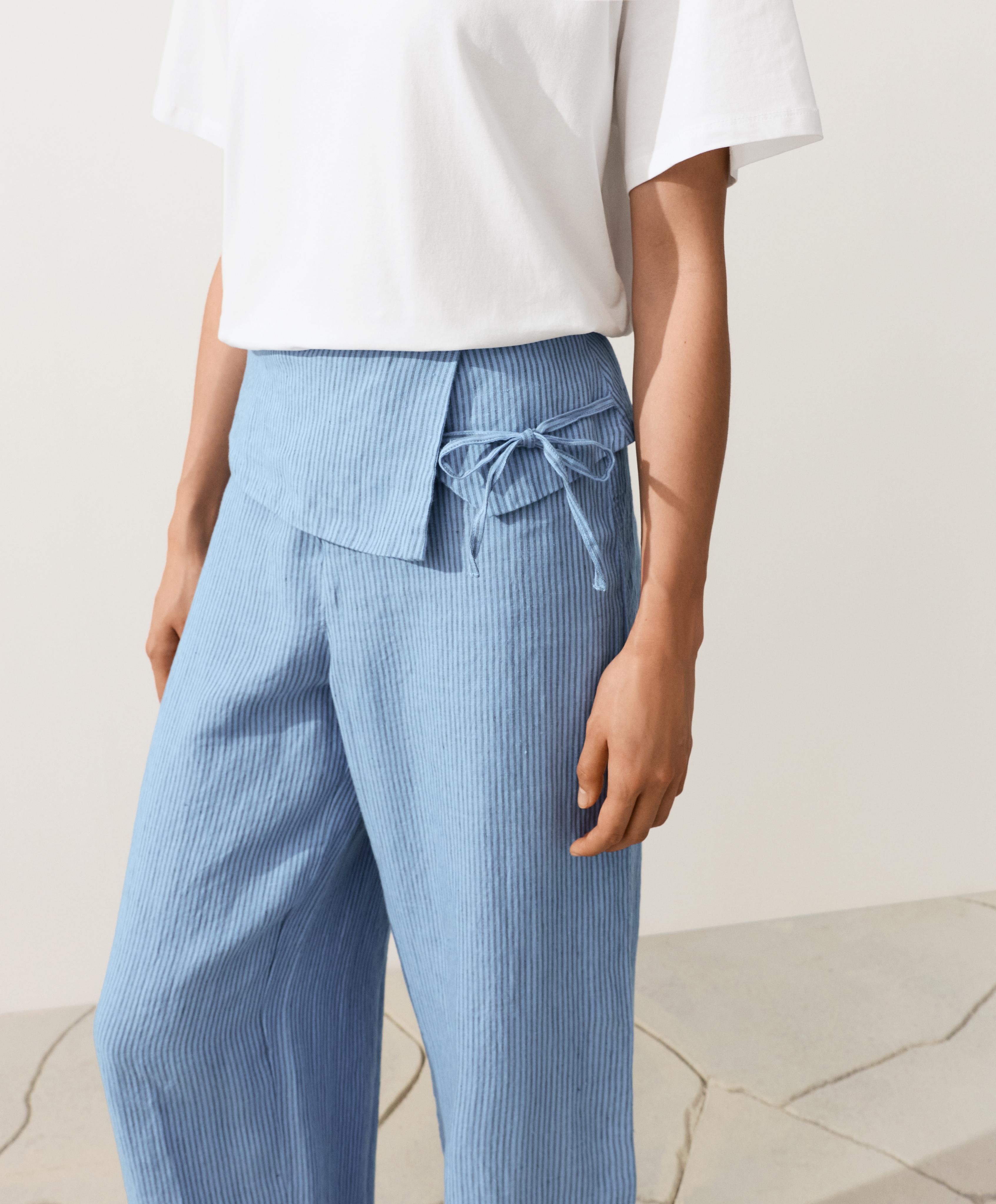 100% linen straight-leg trousers with turn-up waist — MID WASHED GREY-BLUE
