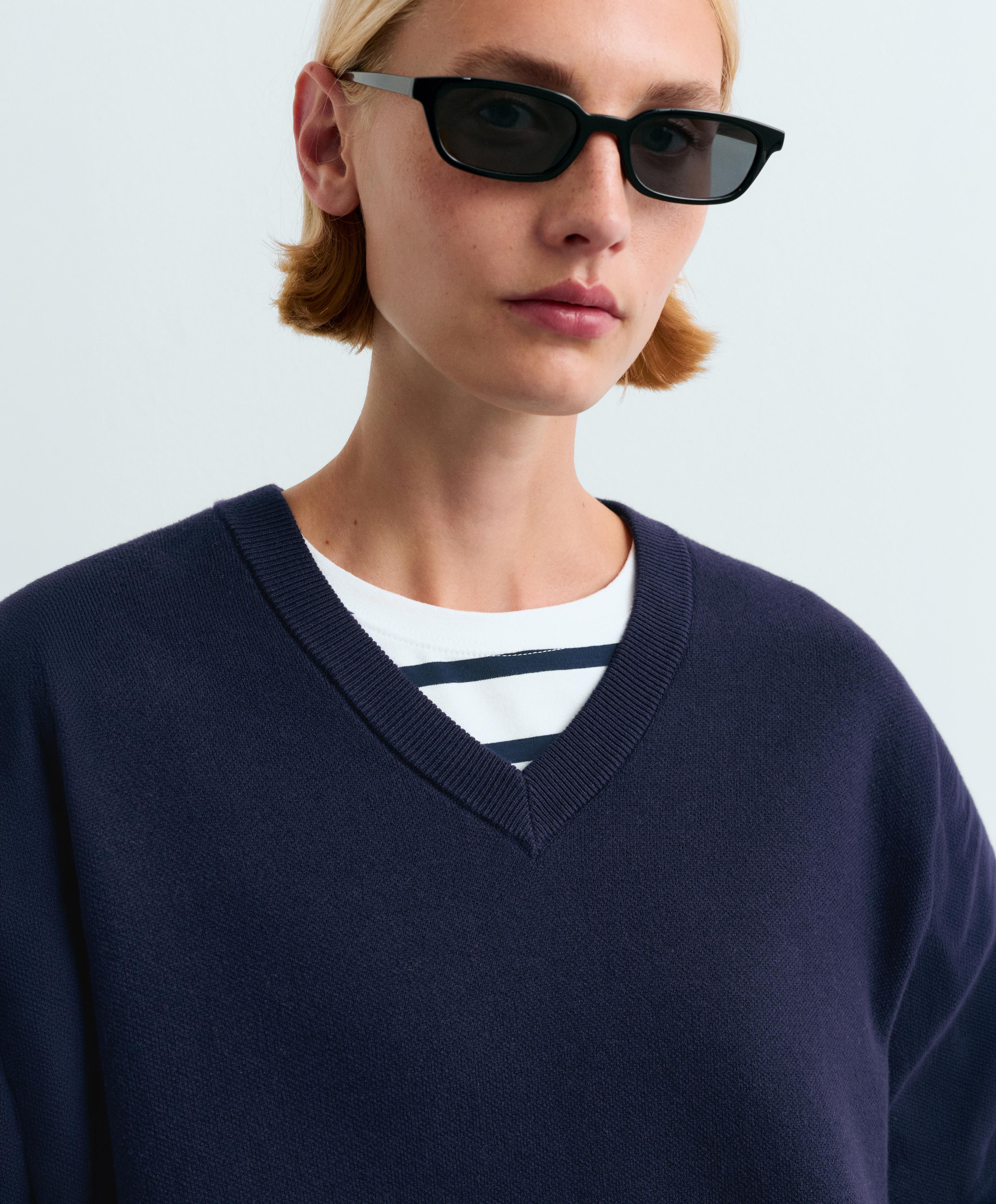 Cotton blend V-neck knit jumper — NAVY BLUE