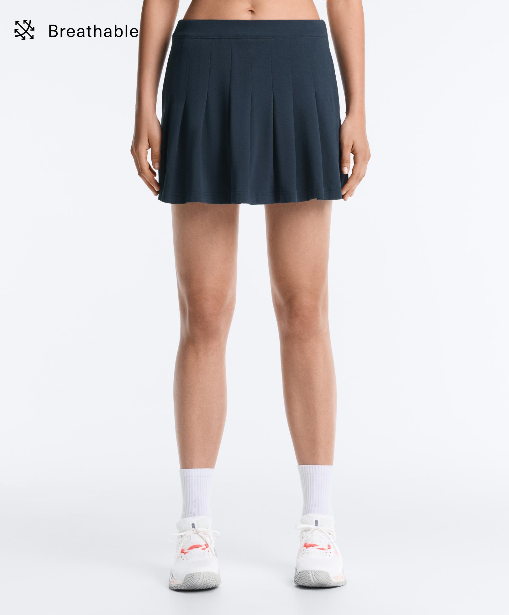 Cotton piqué pleated mini skirt — NAVY BLUE