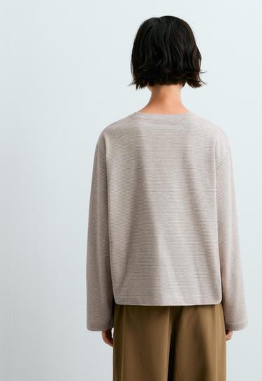 Striped cotton-blend relaxed long-sleeved t-shirt — CHARCOAL GREY 4