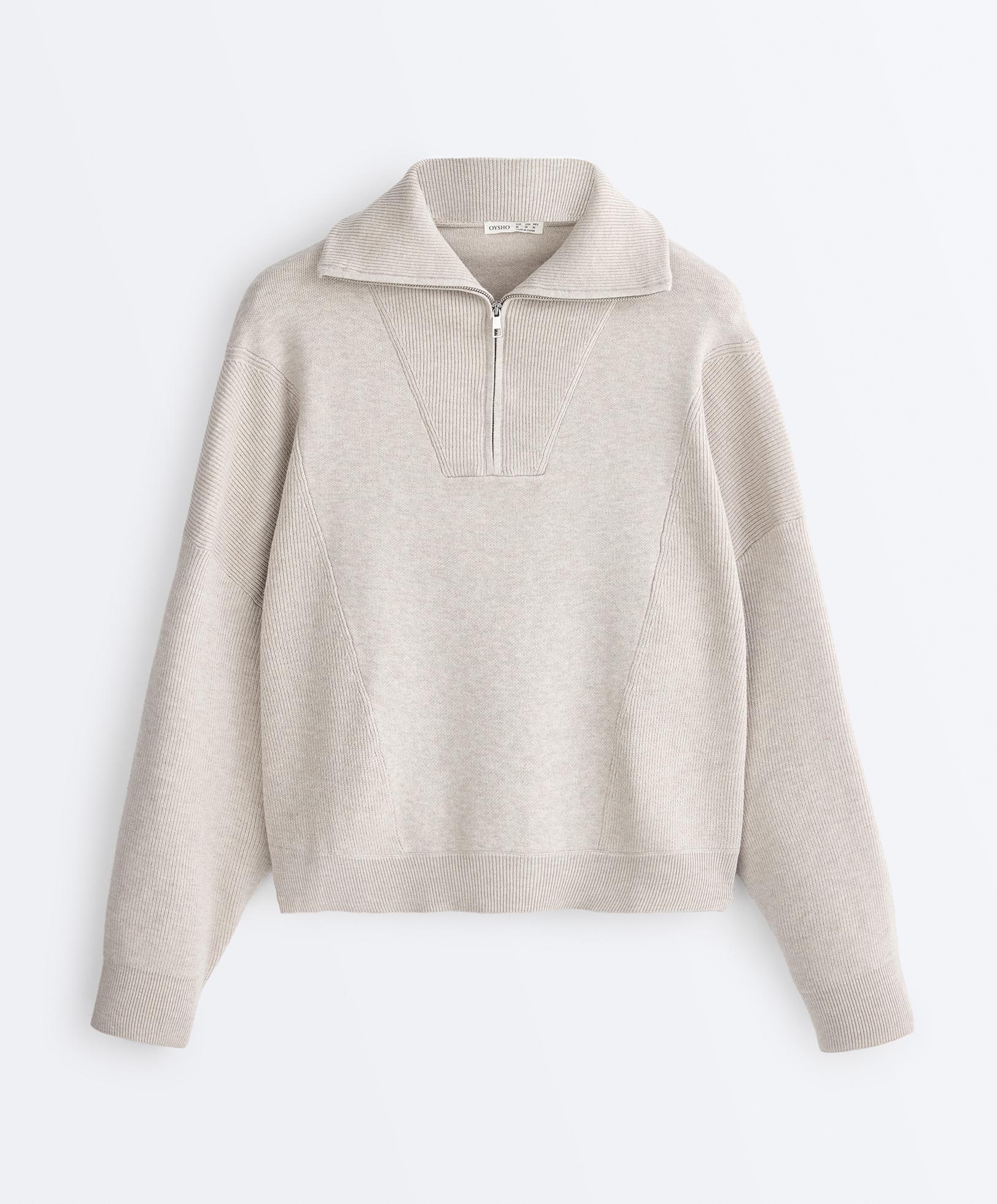 Knit jumper with raised neck and rib details — LIGHT STONE