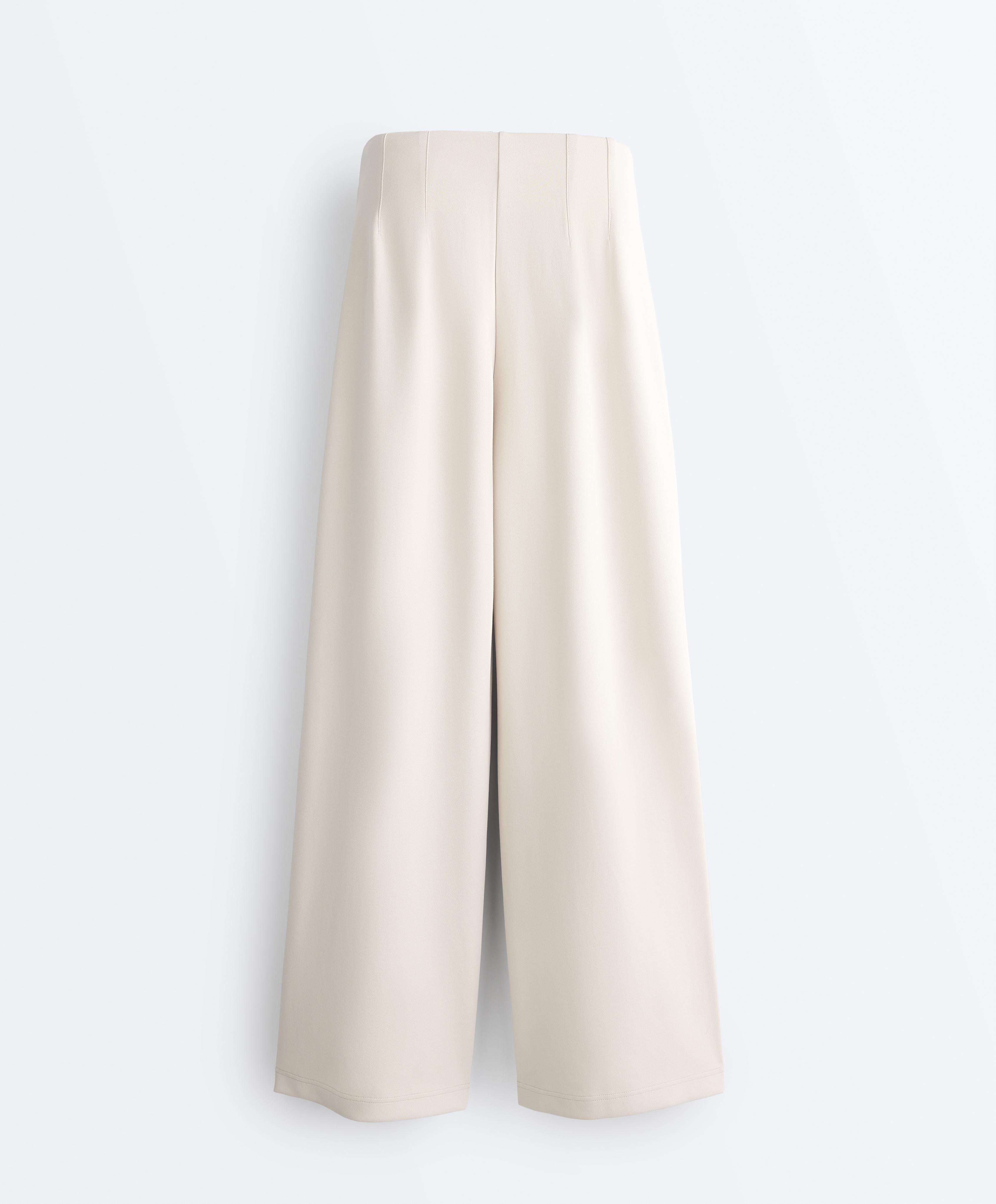 Cotton wide-leg pique trousers with pleats — PALE MINK