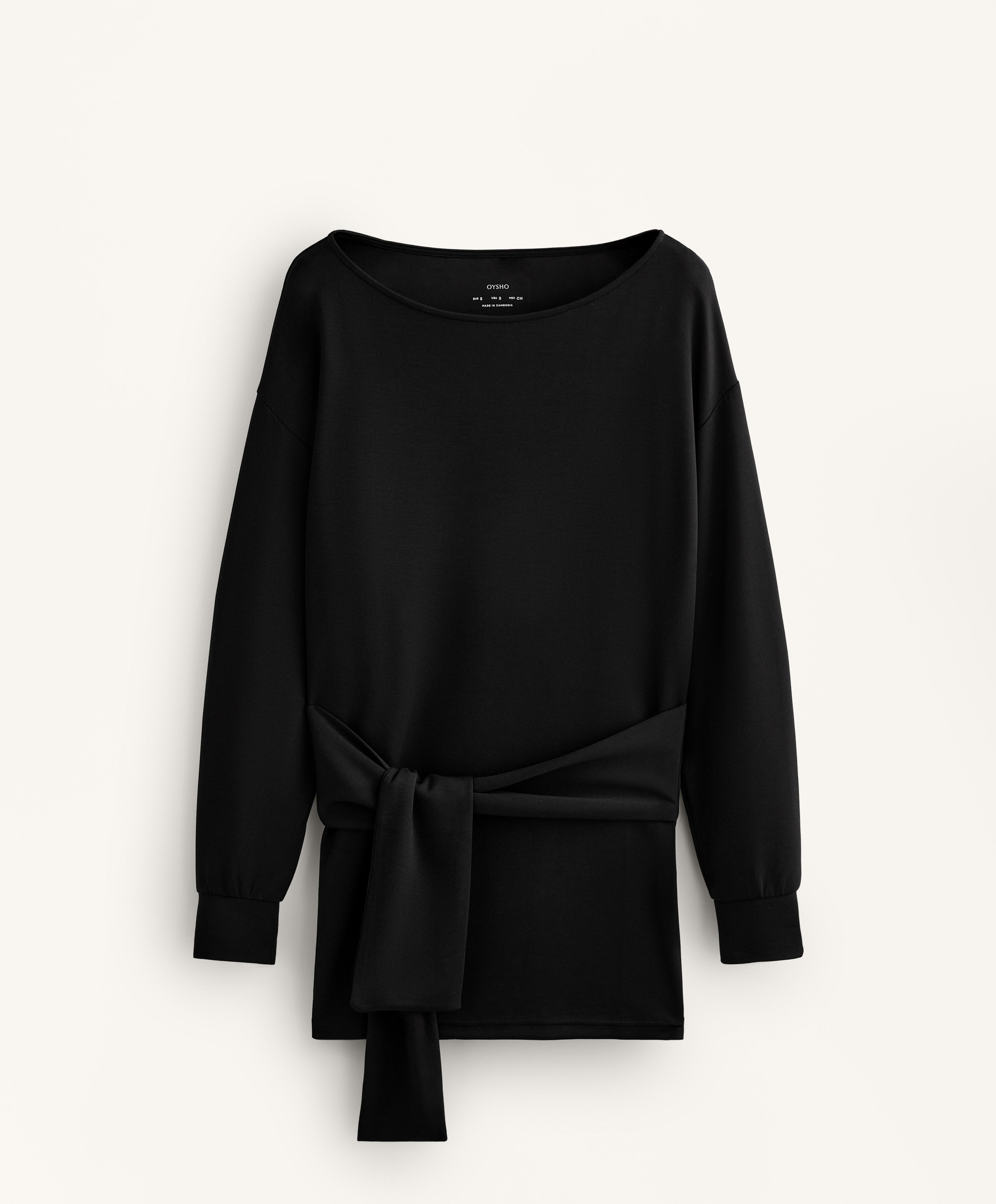 Long soft-touch modal sweatshirt with knot detail — BLACK