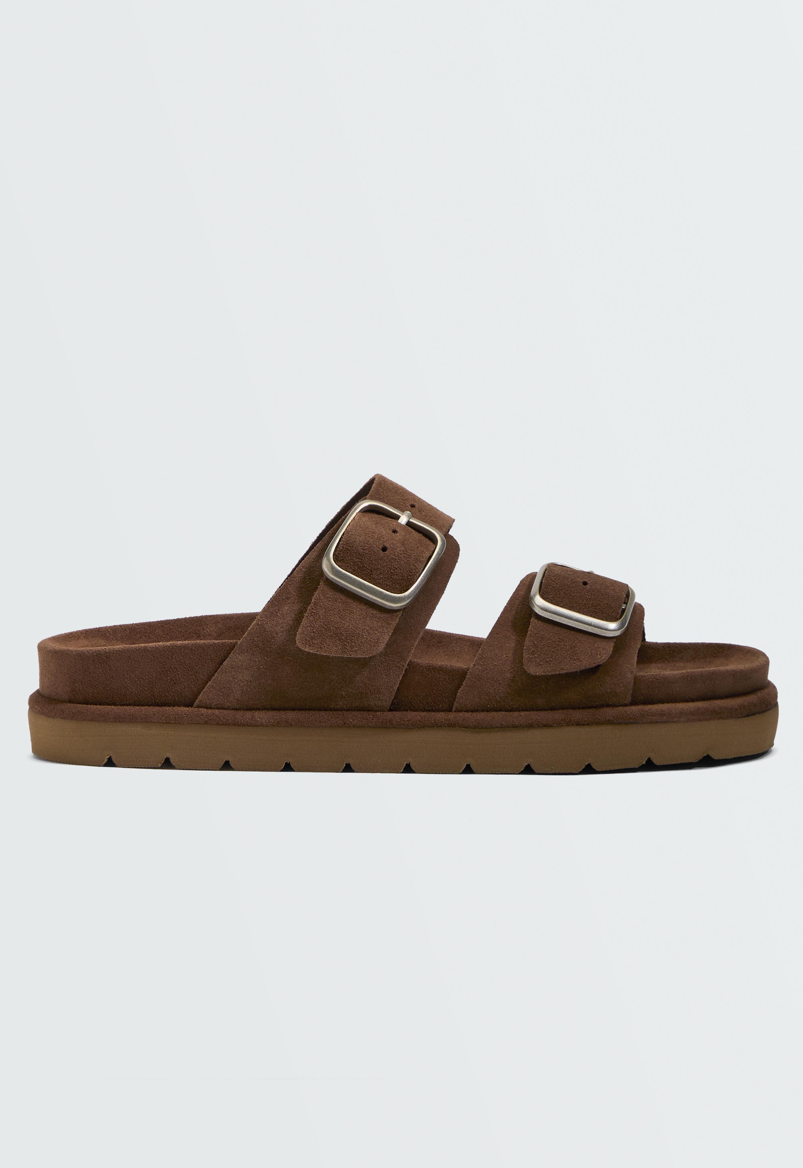 Buckle split-leather platform sandals — BROWN