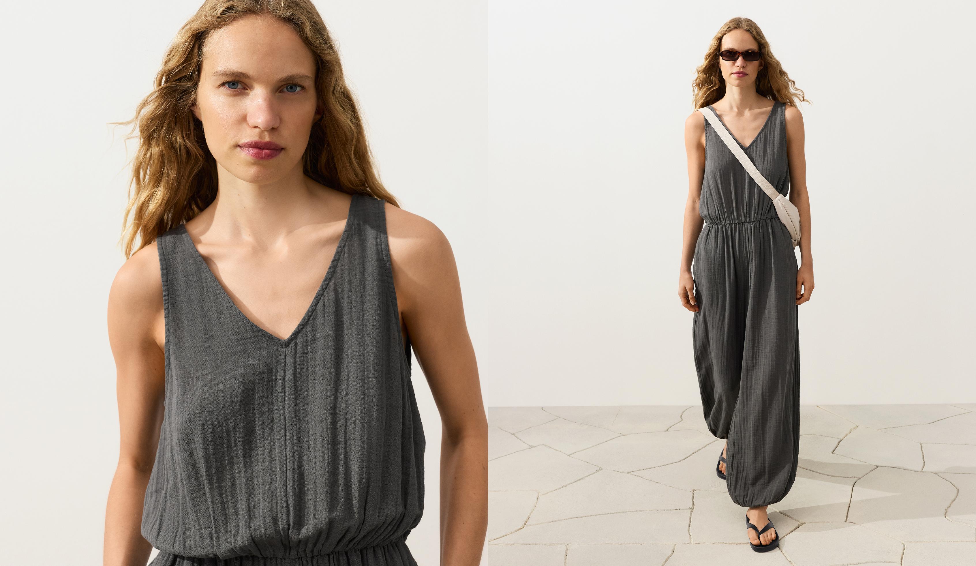 100% cotton crinkle long jumpsuit — ASPHALT