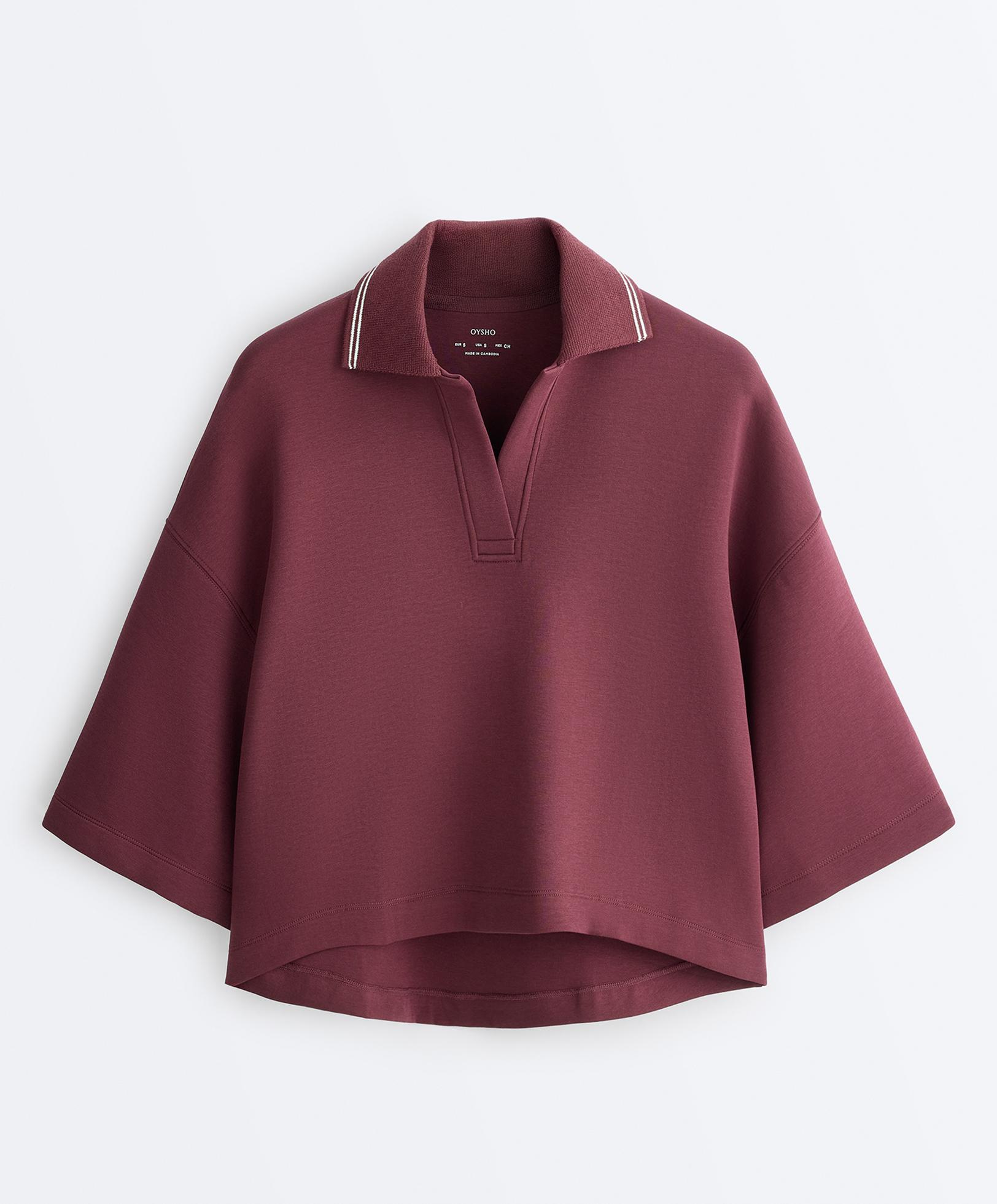Cotton blend polo sweatshirt with wide sleeves — CHERRY