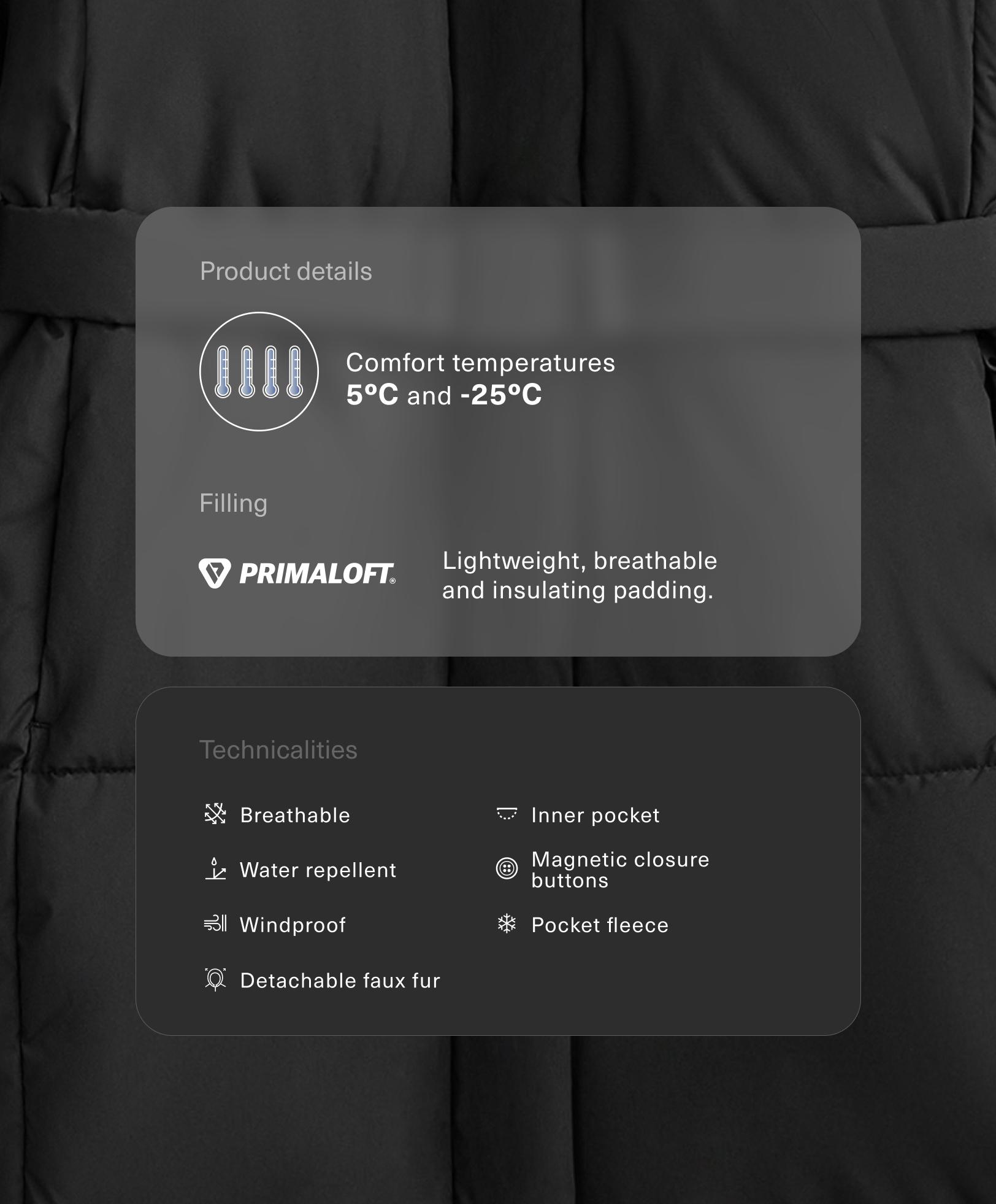 Lång vadderad och vattenavvisande Primaloft®-jacka