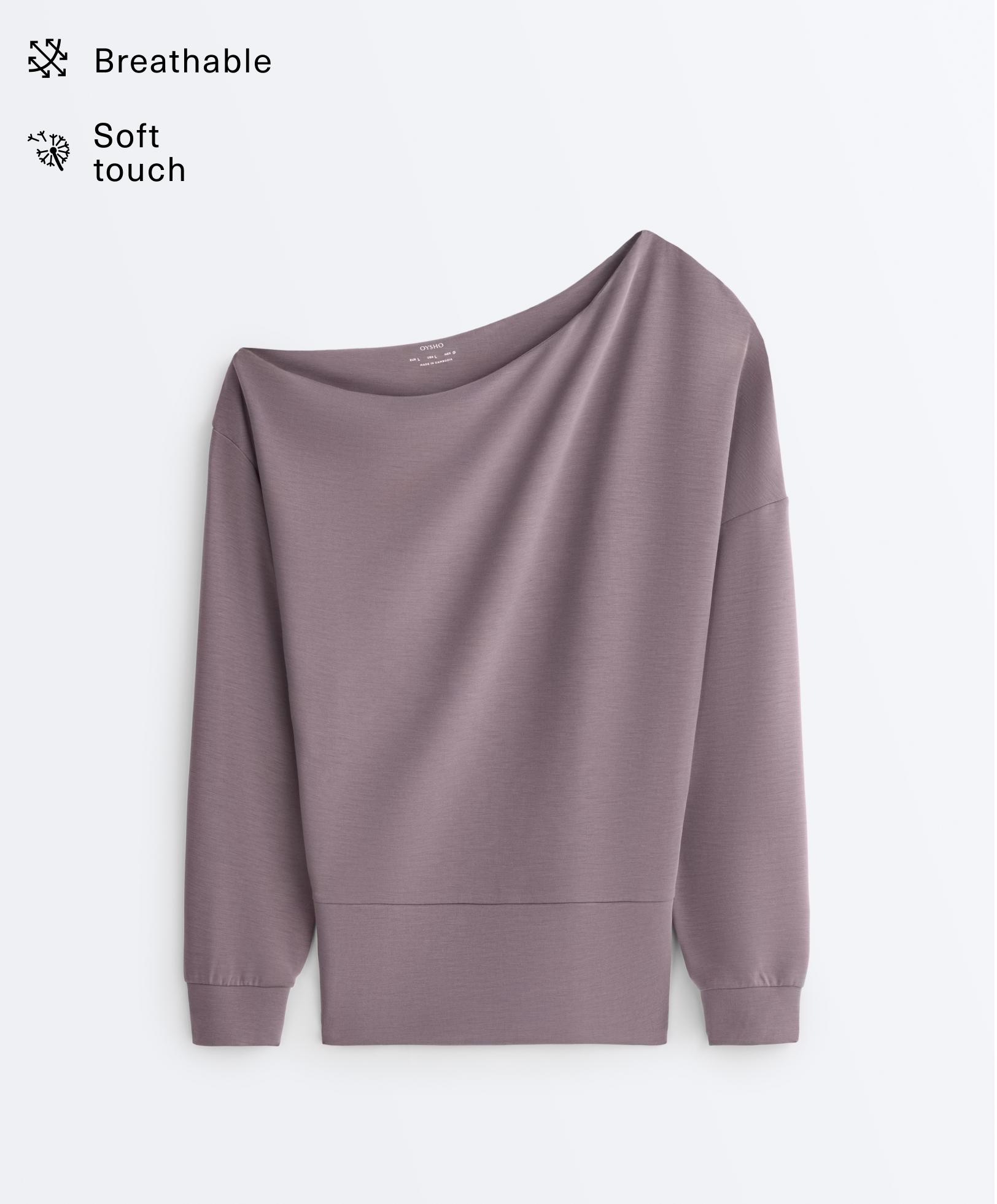 Asymmetric neck sweatshirt with adjustable waist and soft-touch modal — GREY-LILAC