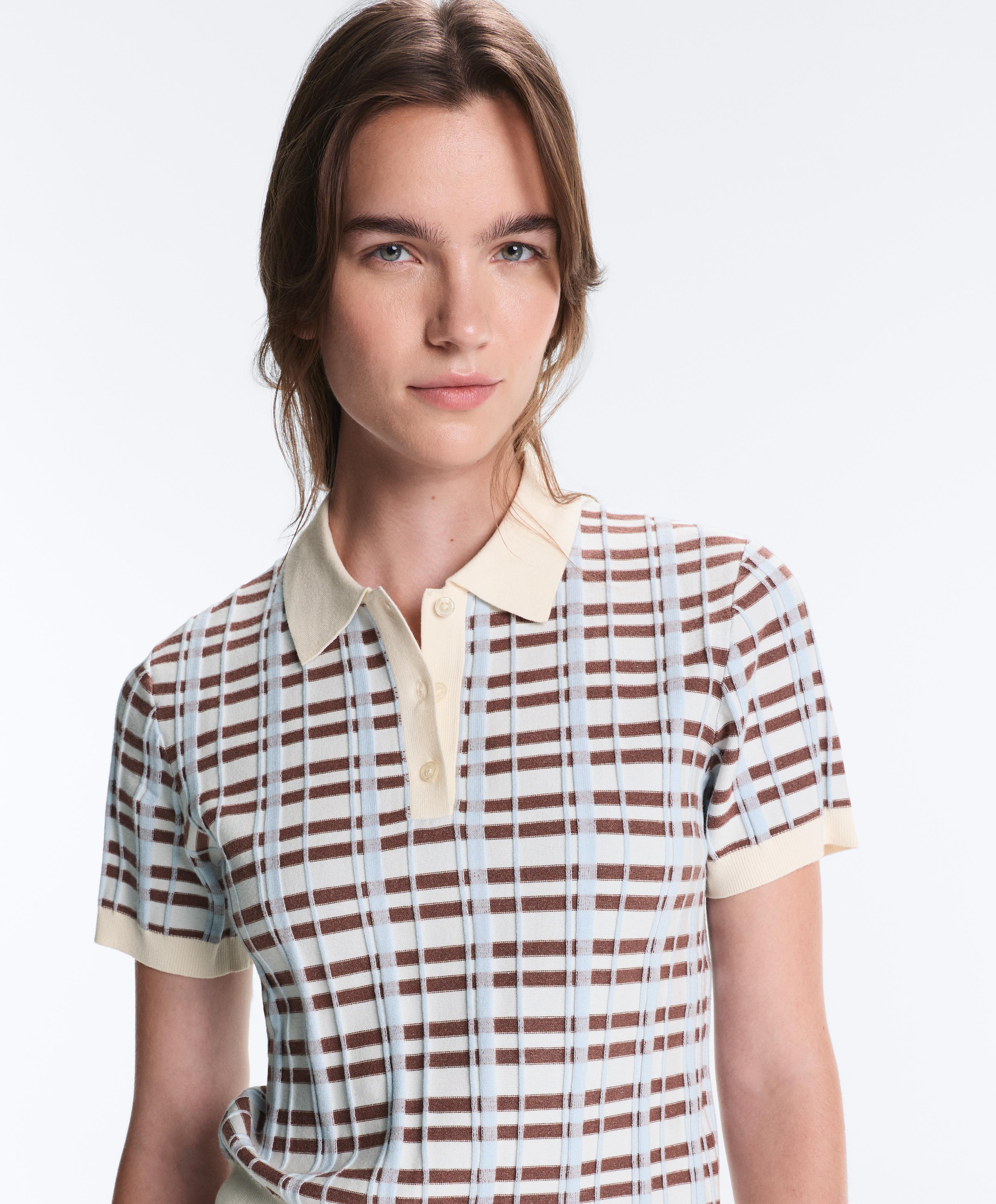 Short sleeve check knit polo shirt — PALE ECRU