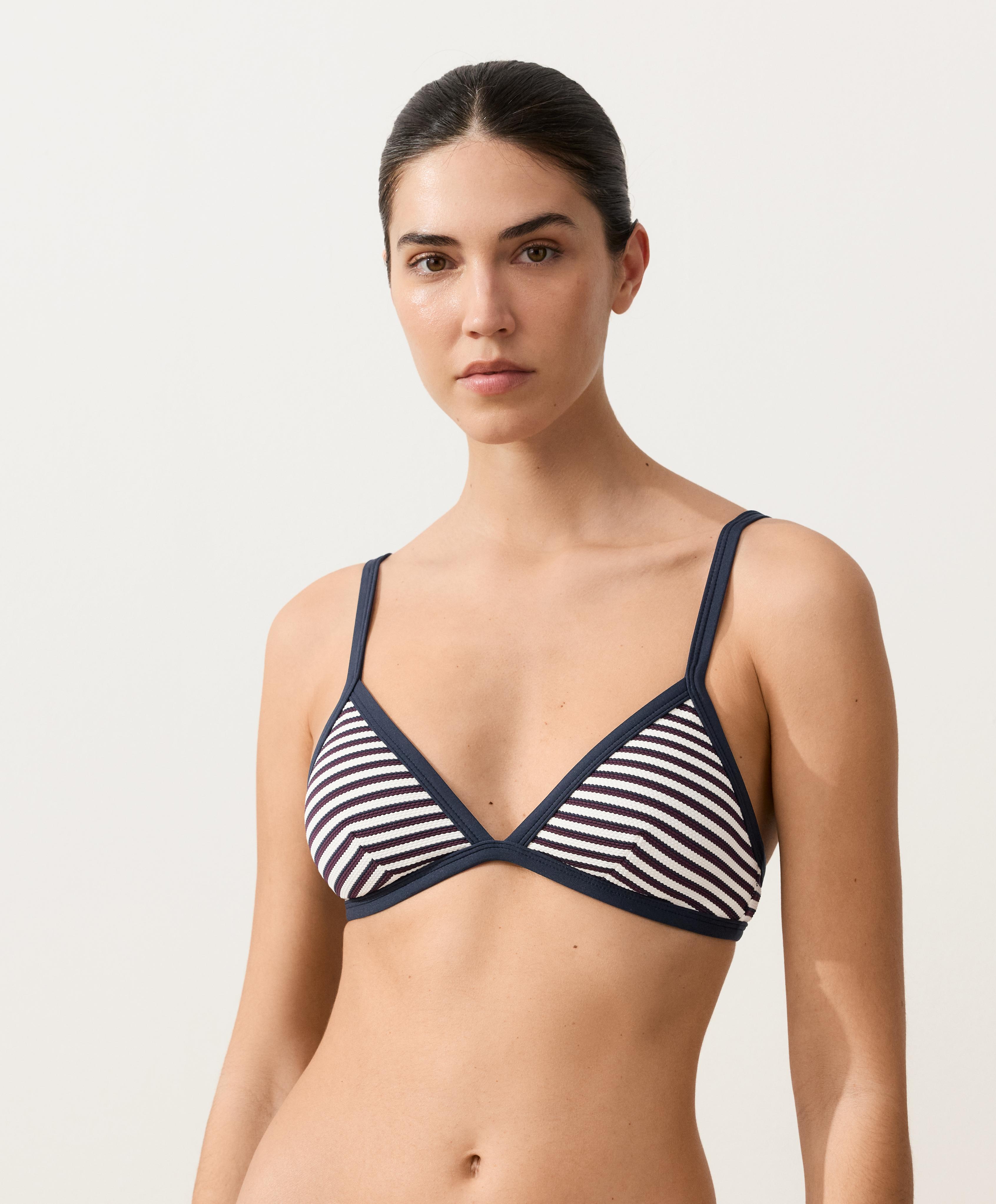 Trim textured stripe triangle bikini top — NAVY BLUE