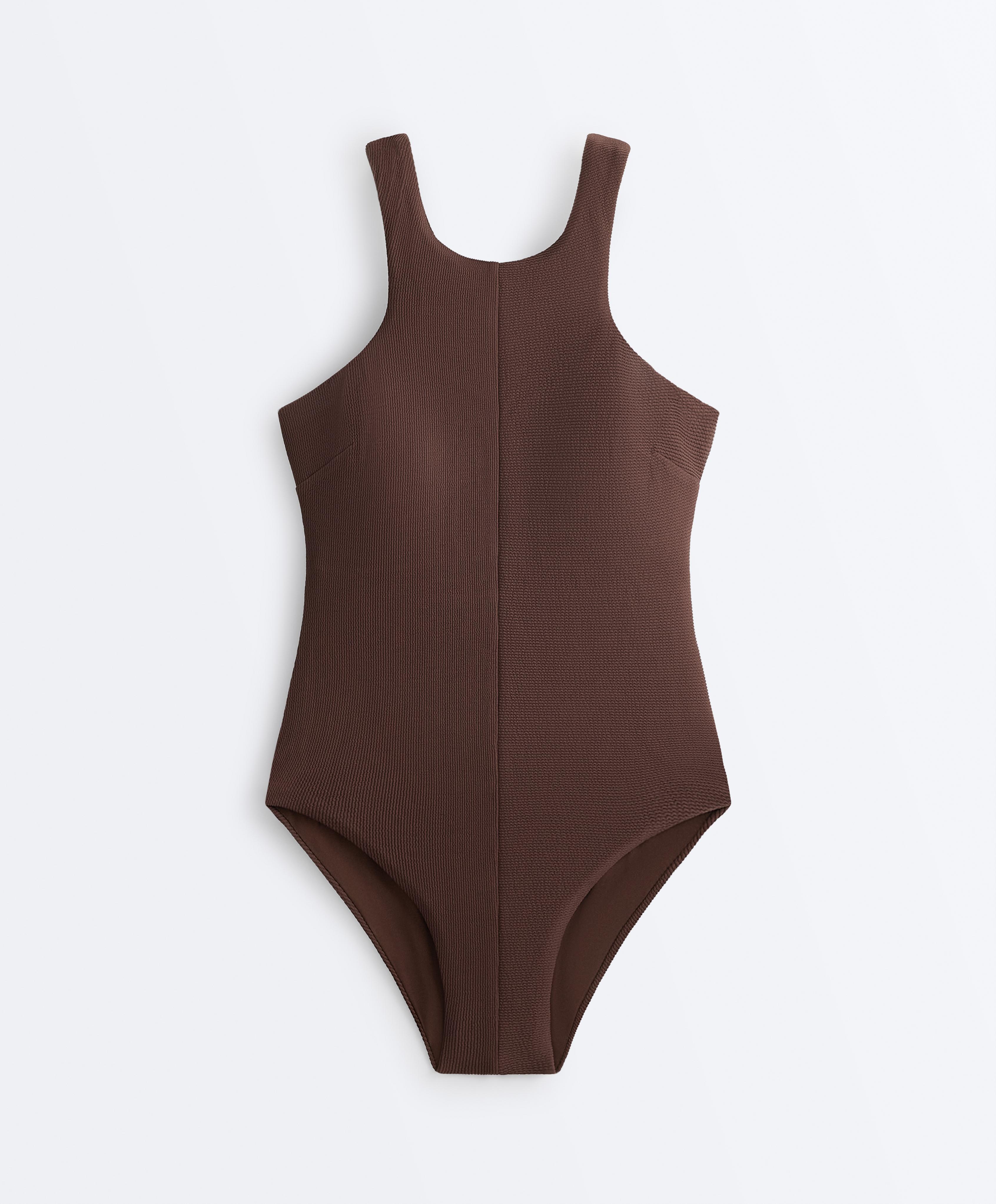 Rib halter swimsuit — CHOCOLATE