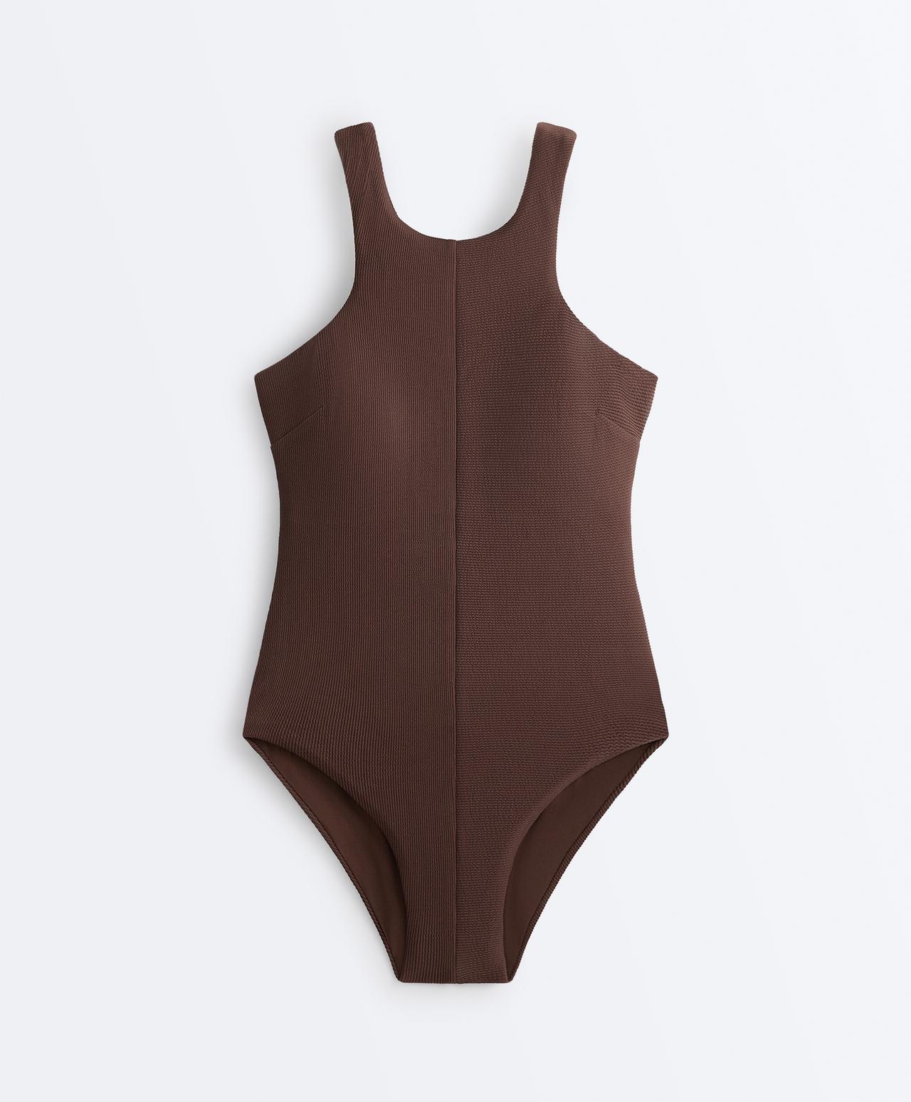 Rib halter swimsuit — CHOCOLATE