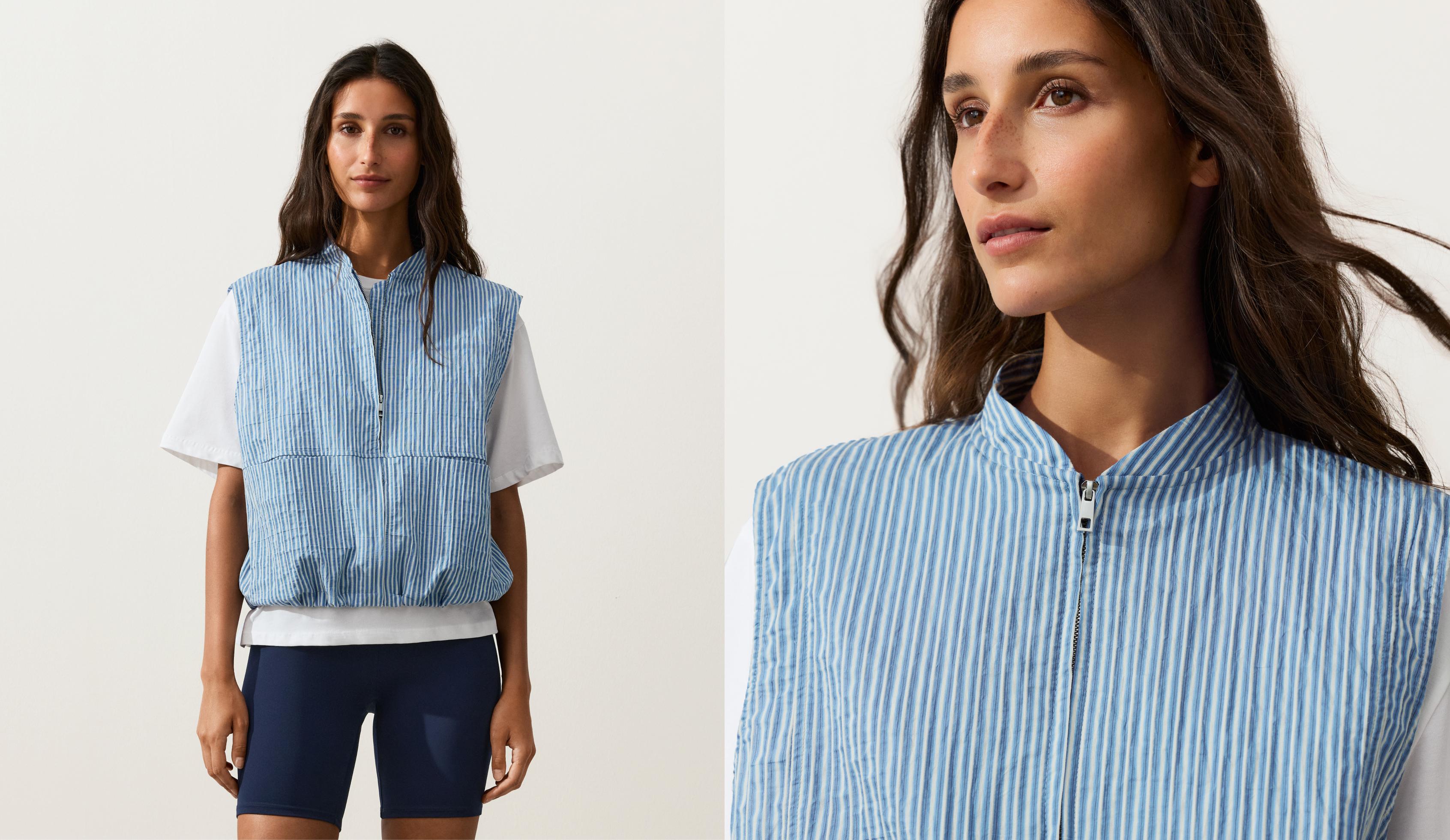Striped cotton blend vest — MID-BLUE