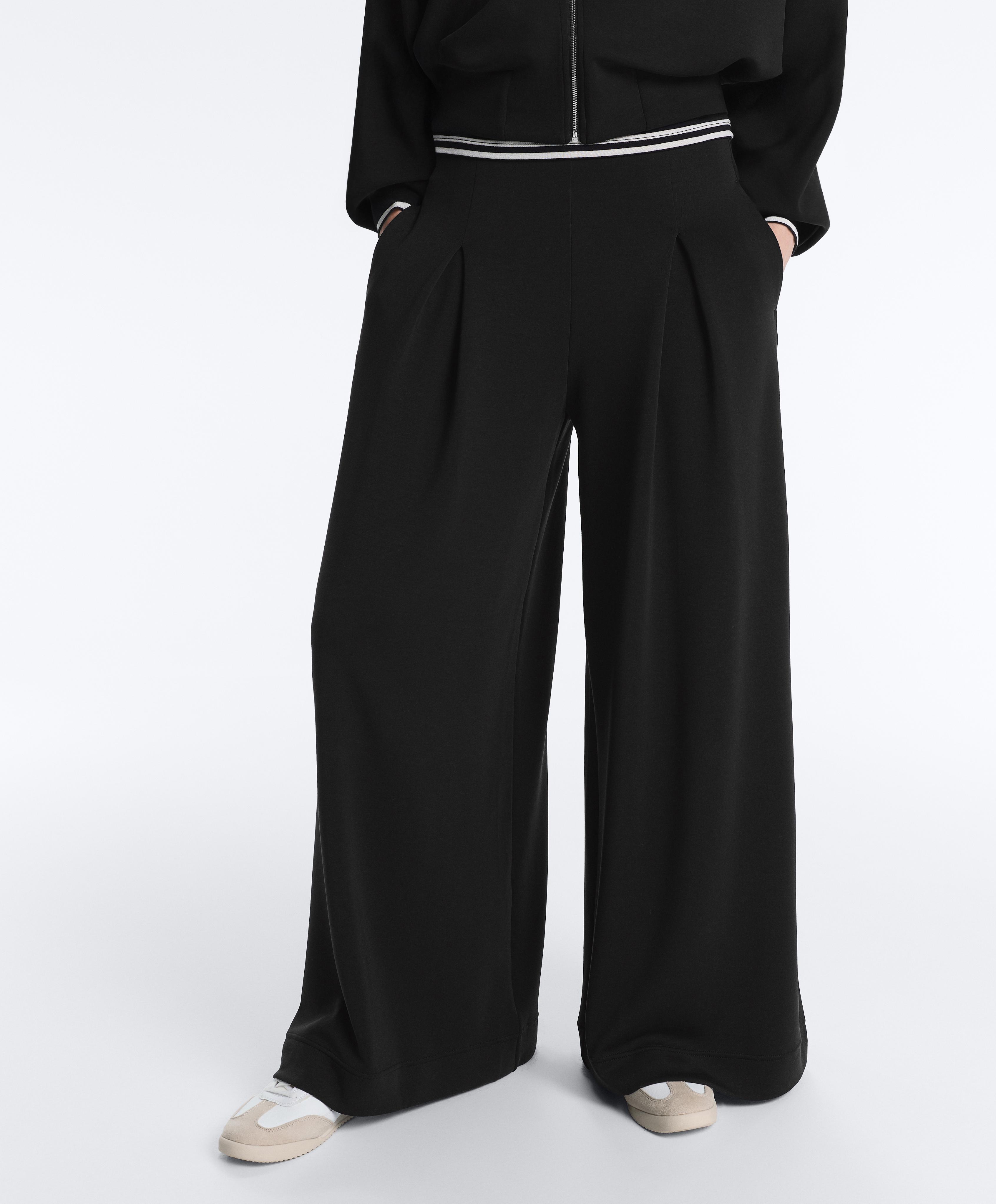 Long wide-leg trousers with soft touch modal and pleats — BLACK
