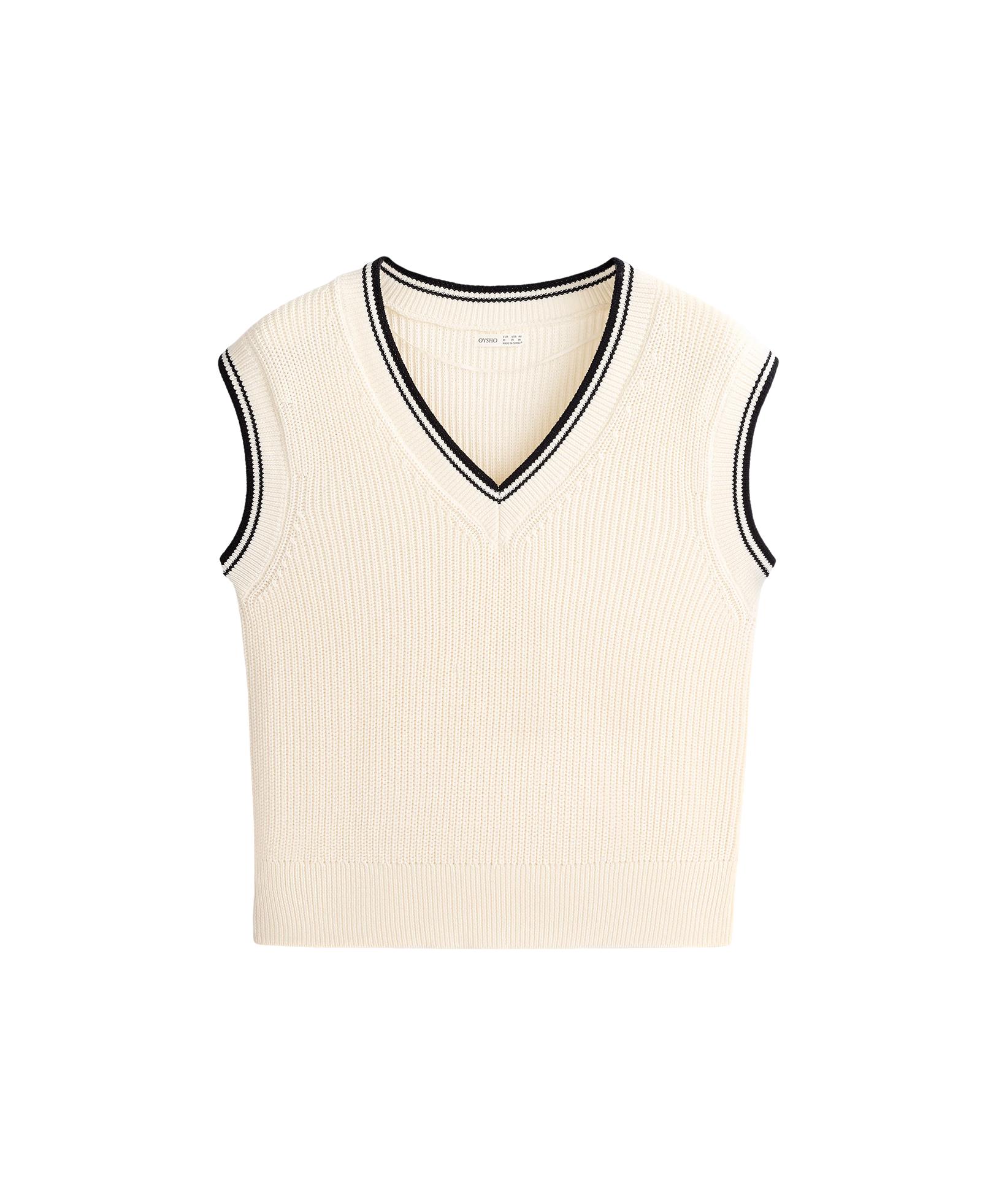 Contrast 100% cotton knit vest — PALE ECRU